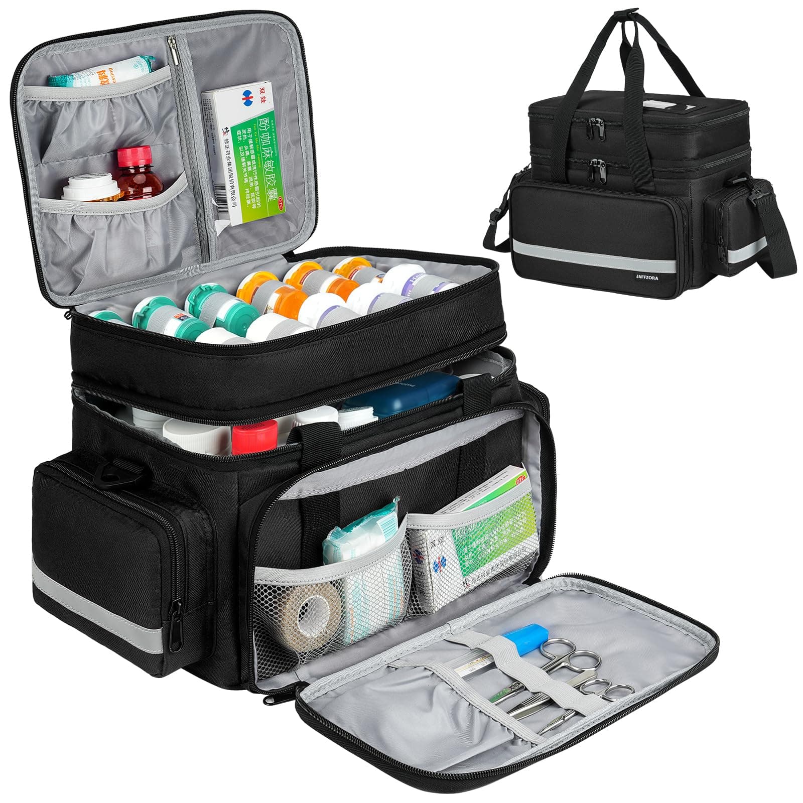 Jaffzora Pill Bottle Organizer, 2 Layers Medicine Storage Bag with Lockable Zippers and Shoulder Strap,Medication Travel Bag for Prescription Bottles, Vitamins & Medical Supplies, Black (Bag Only)