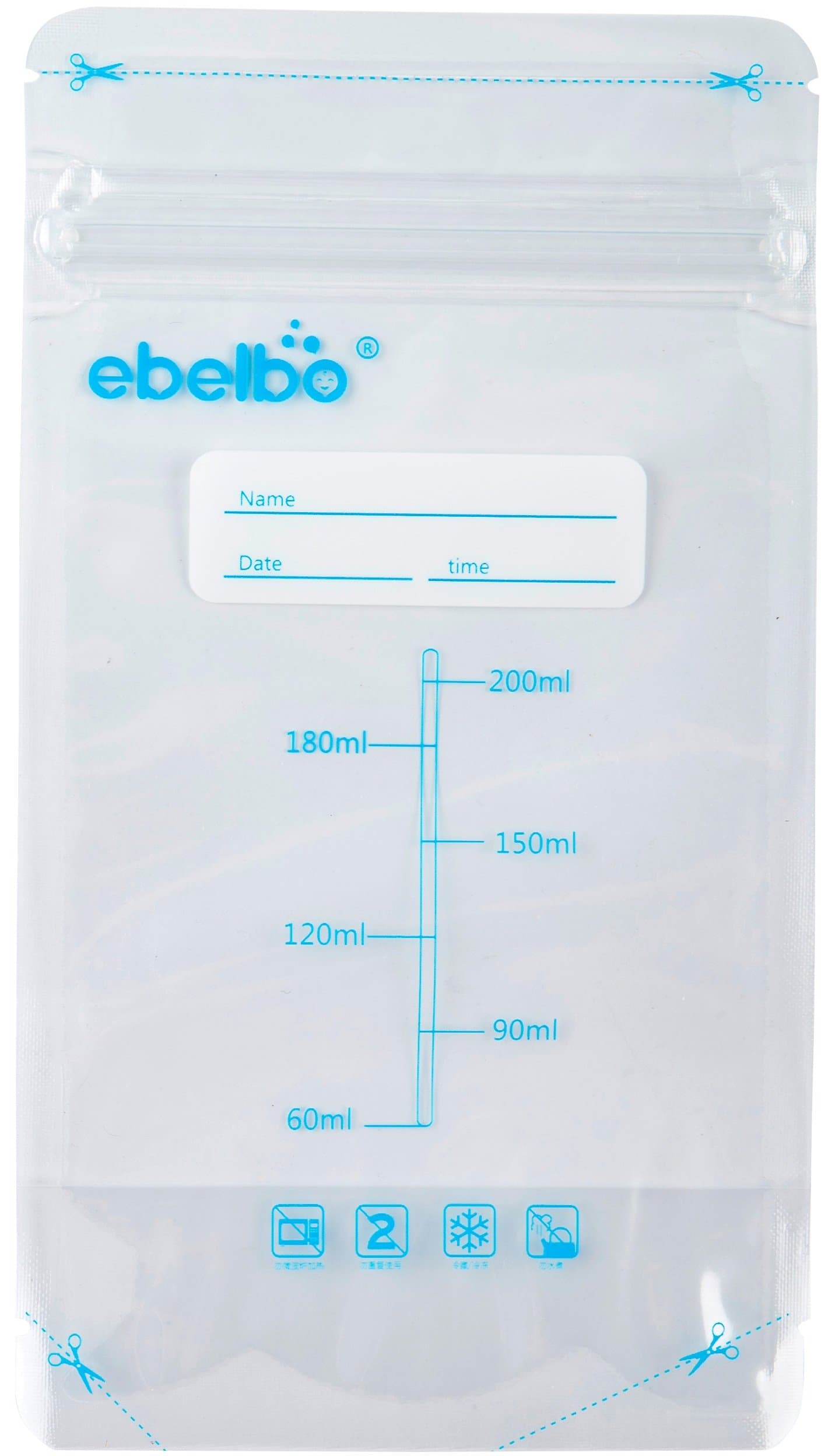 EBELBO 3.5/6.8/8.5/10.2 Oz Breastmilk Storage Bags Breastfeeding Breast Milk Bag BPA Free Pre-sterilized Freezer Safe Leak Proof Self-Standing with Accurate Measurements 30 Count, 6.8oz/200ml