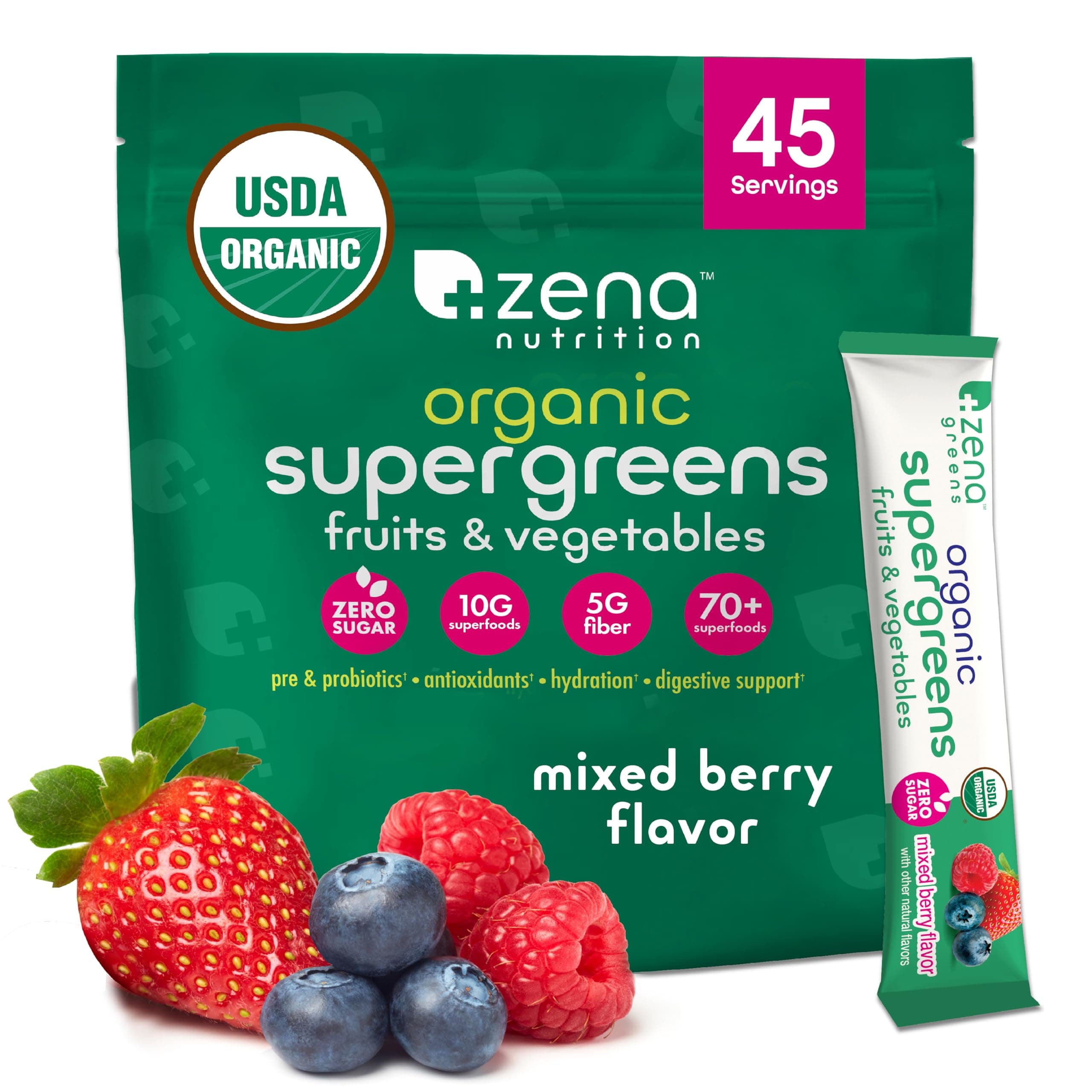 Organic Super Greens Powder, 70+ Superfoods, 0 Sugar, 5G Fiber, Spirulina, Chlorella, Antioxidants, Prebiotics/Probiotics, Digestive Enzymes, Mixed Berry, 45 Drink Mix Packets