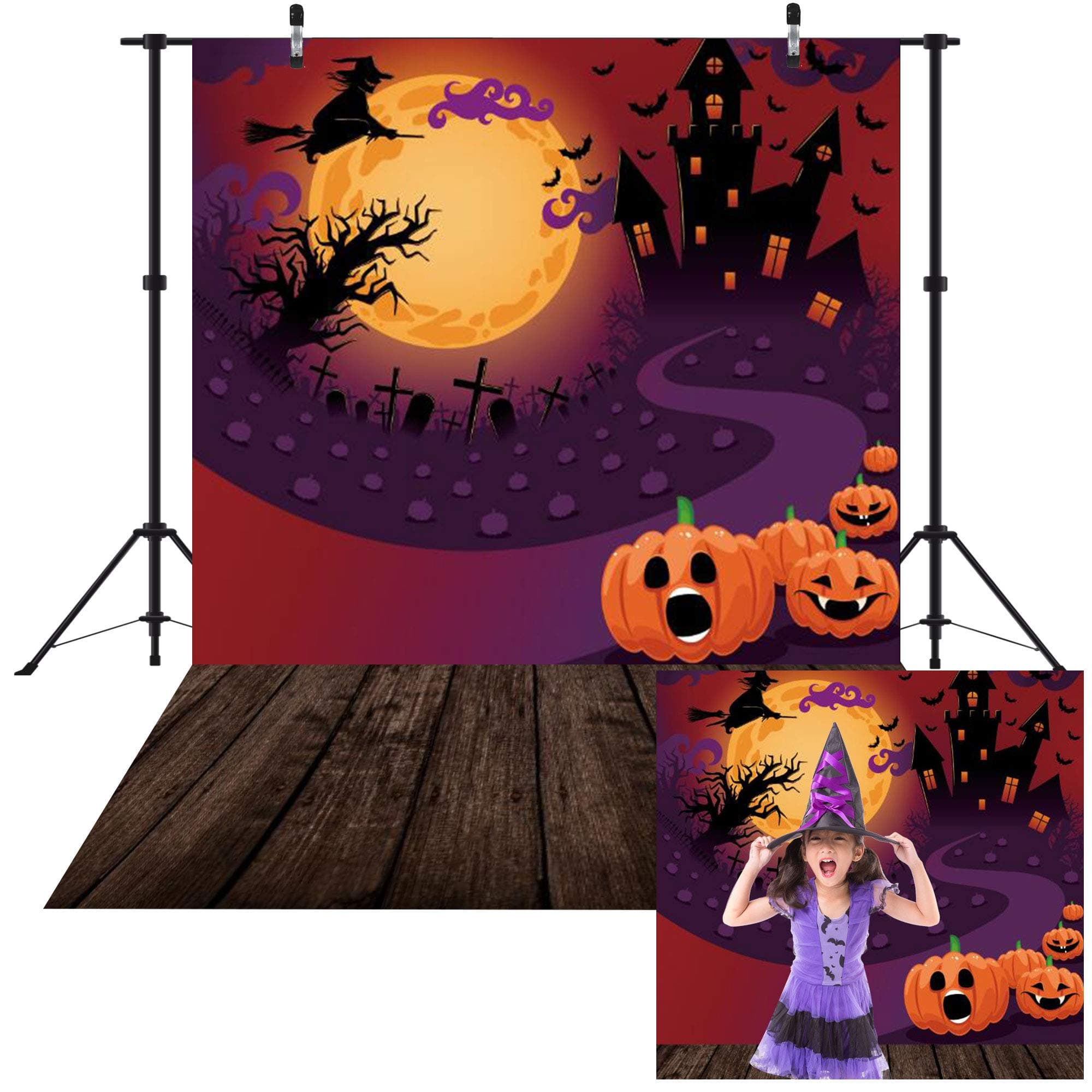 Haboke 5x7ft Durable/Soft Fabric Halloween Decorations Decor Backdrop for Photography Pumpkin Castle Witch and Bat Horrible Party for Kids Photo Background Photo Studio Booth Props