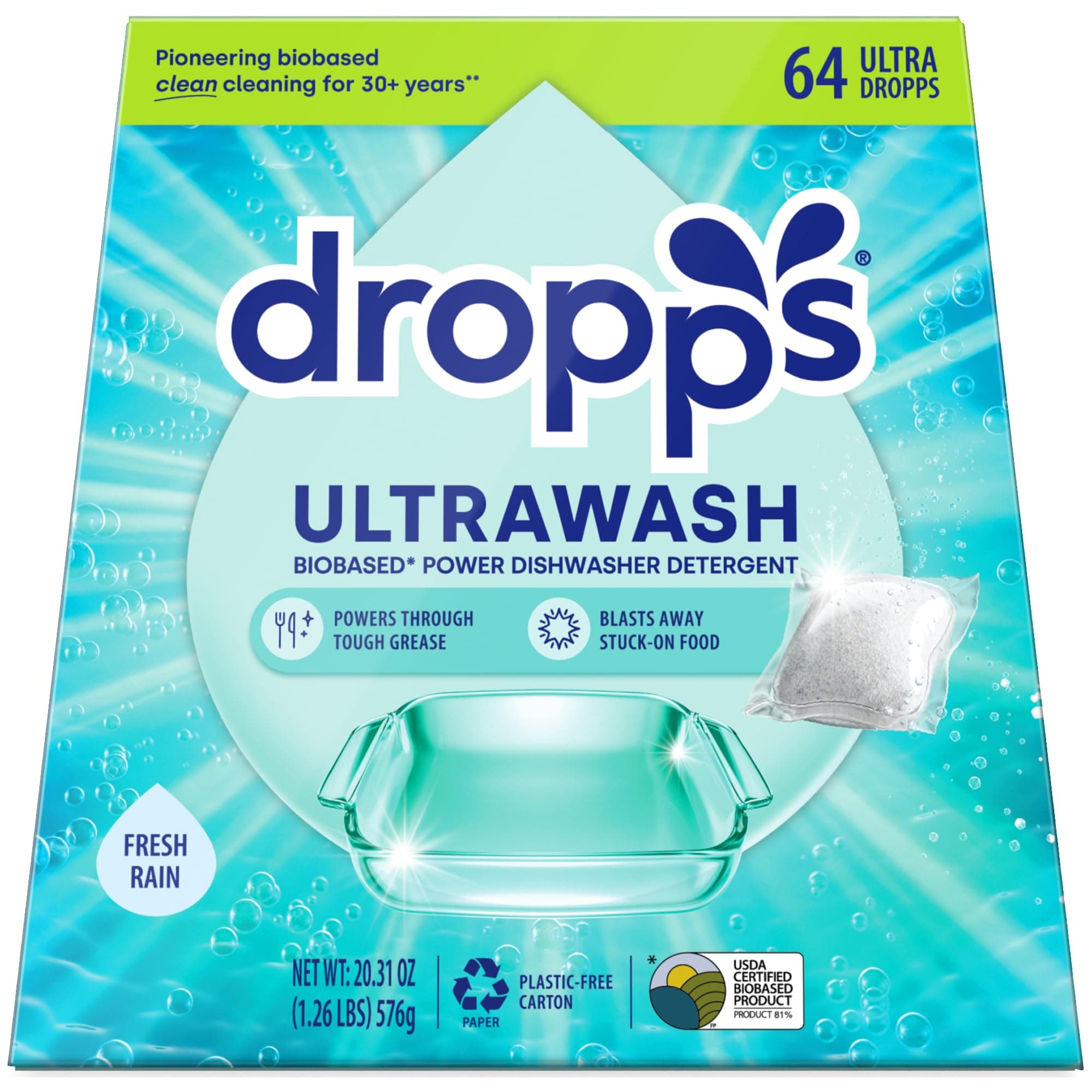 - UltraWash Dishwasher Pods, Fresh Rain (64 Count) - Biobased Power Deep Clean Dishwasher Detergent Tablets for Sparkling Shiny Dishes - No Rinse Aid or Pre-Wash Needed - Dishwashing Pods