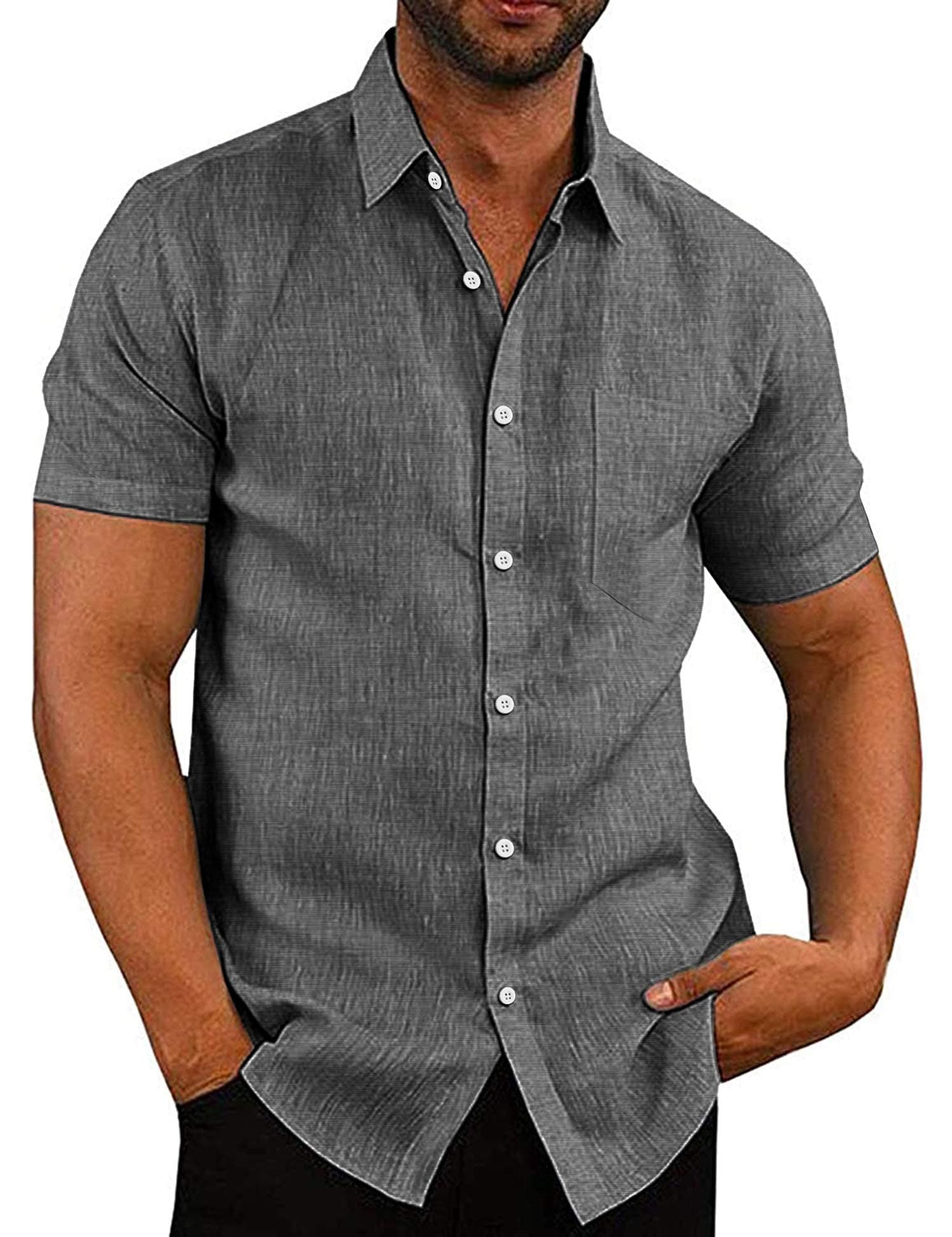 Men's Casual Button Down Shirts Short Sleeve Linen Shirts Summer Beach Dress Shirt