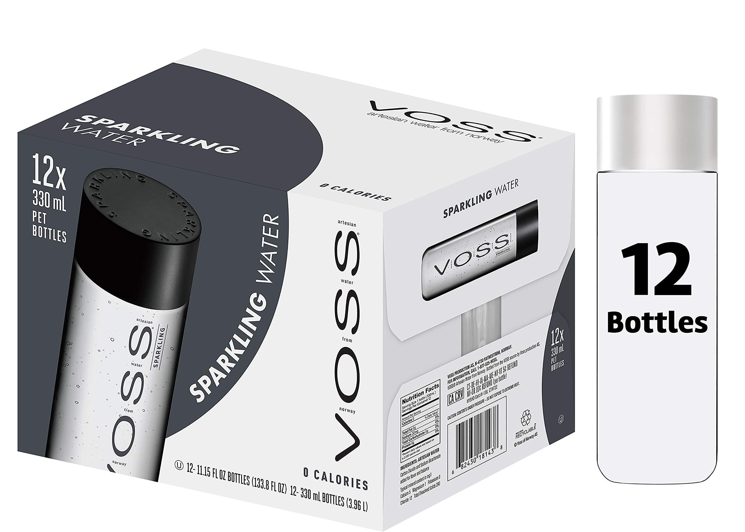 VOSS UK Water, Artesian Sparkling Water, Natural, Pure Water, PET Water Bottles, Bulk Pack of 12 x 330 ml