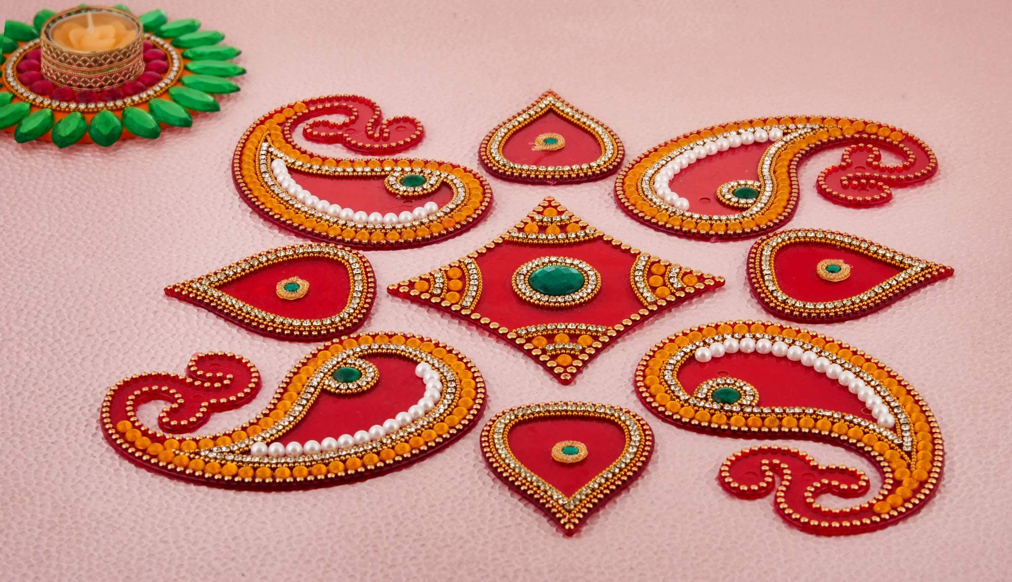 Diwali Floor Rangoli Design with Studded Stones & Sequins Traditional Festive Home Decorations (Red)