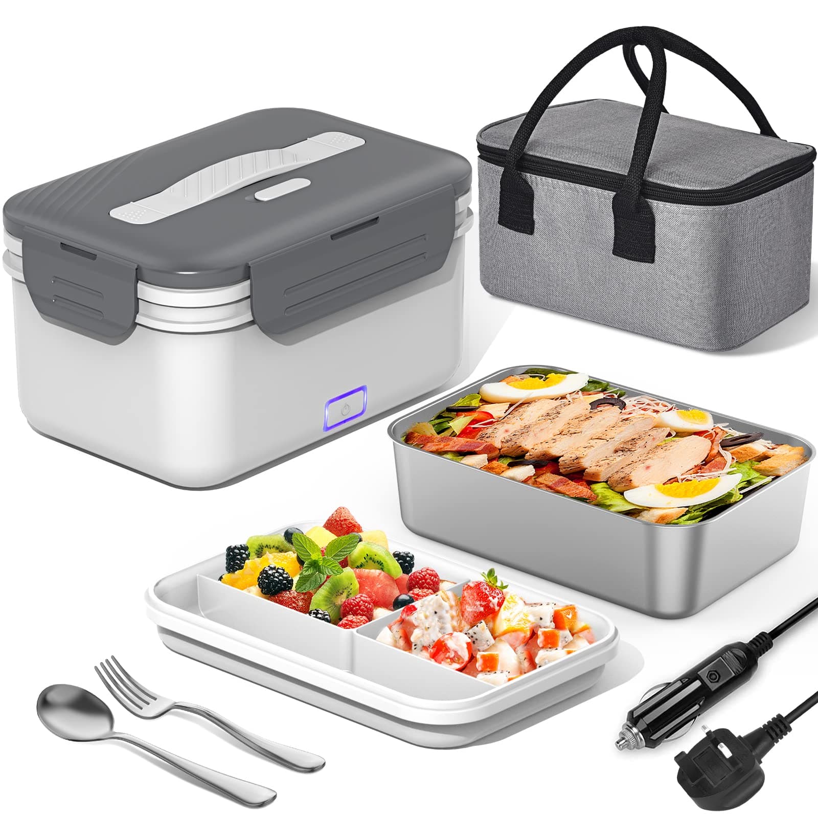 100W Electric Lunch Box for Adults - 1.8L Insulated Heated Food Container with Dual Power (230V Home/Office & 12V/24V Car), Fruit Compartments, Thermal Bag & Utensils | Keep Meals Hot, White