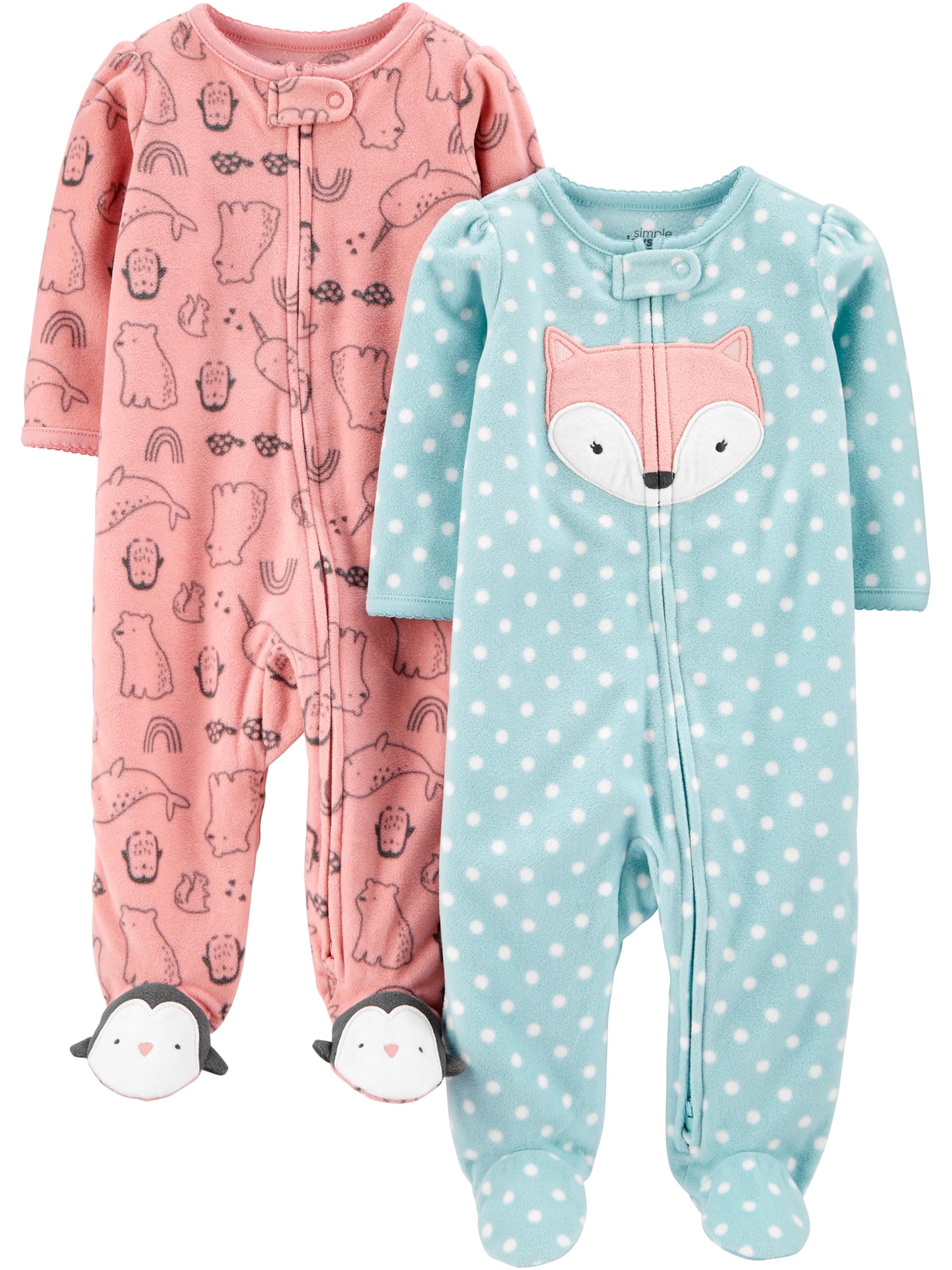 Baby Girls' Cotton and Fleece Footed Sleep and Play, Pack of 2