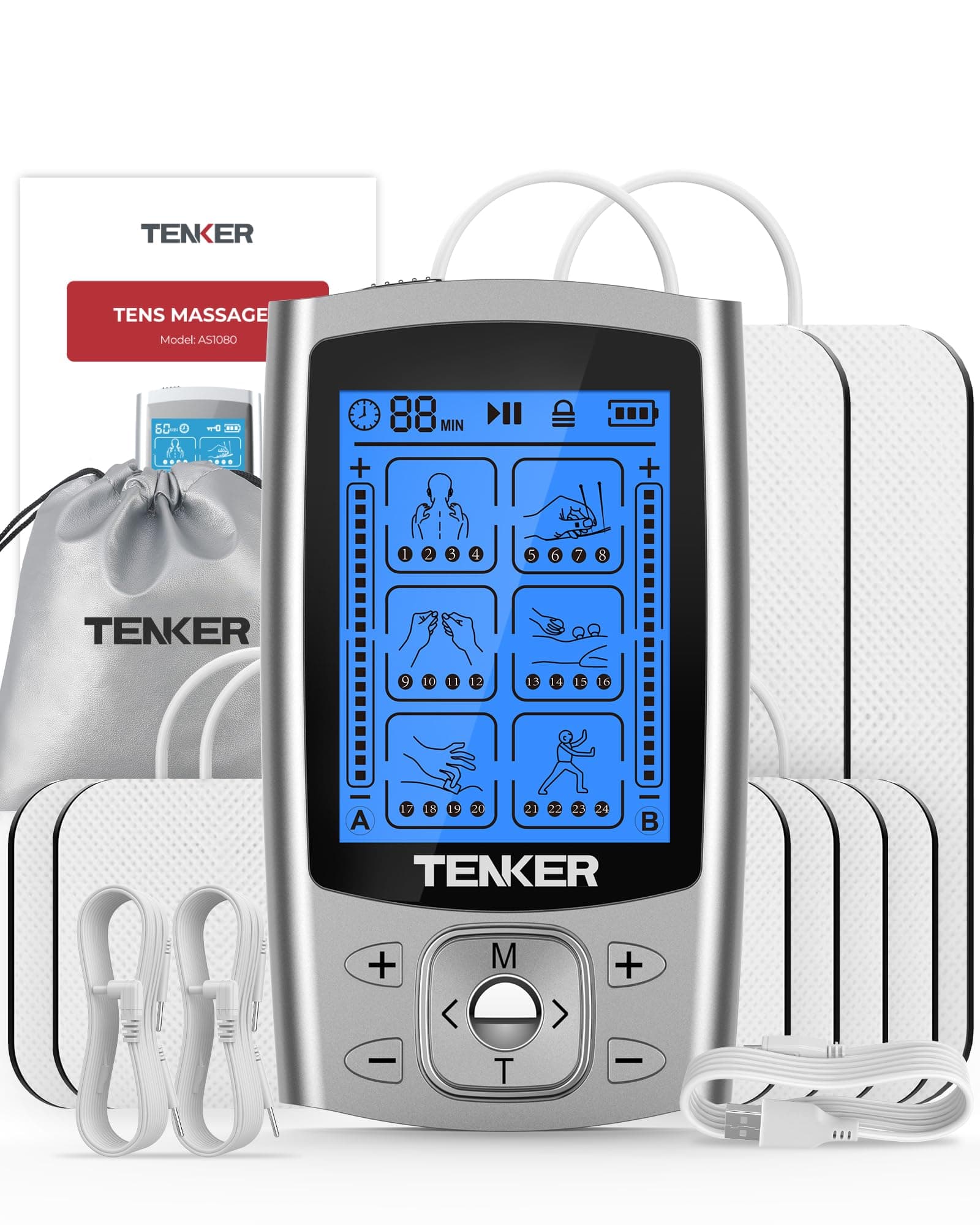 TENKER EMS TENS Unit Muscle Stimulator, 24 Modes Dual Channel Electronic Pulse Massager for Pain Relief/Management & Muscle Strength Rechargeable TENS Machine with 8 Pcs Electrode Pads