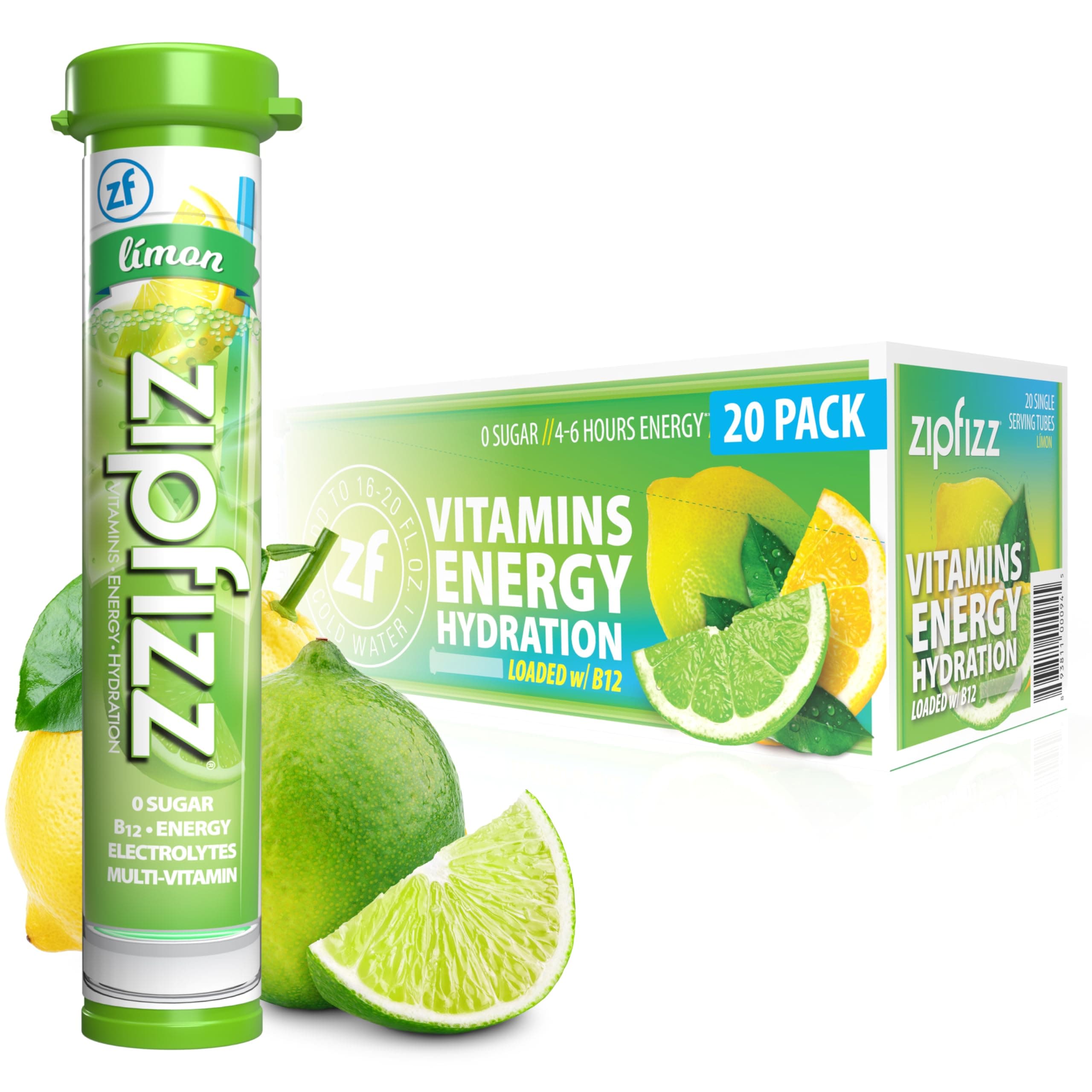 Zipfizz Daily Energy Drink Powder, Limon, 20 Pack | 3-in-1 Sustained Energy, Rapid Hydration, and Essential Vitamins | Sugar-Free | Electrolyte Powder | Contains Vitamin B-12 & Antioxidants