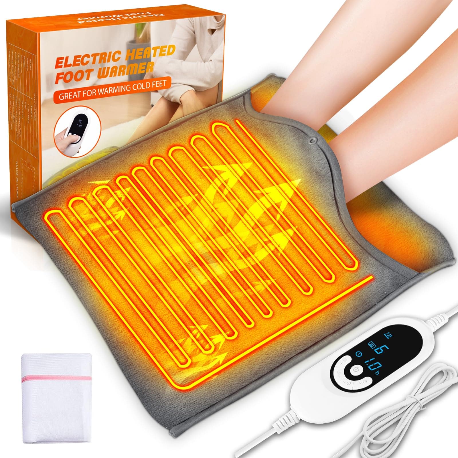 Electric Heated Foot Warmer Double-Sided Fast Heating Pad for Bed, Office, Under Desk, 8 Temperature Settings & 6 Timer Control Machine Washable, Pain Relief, Auto Shut Off Gifts for Children, Elderly