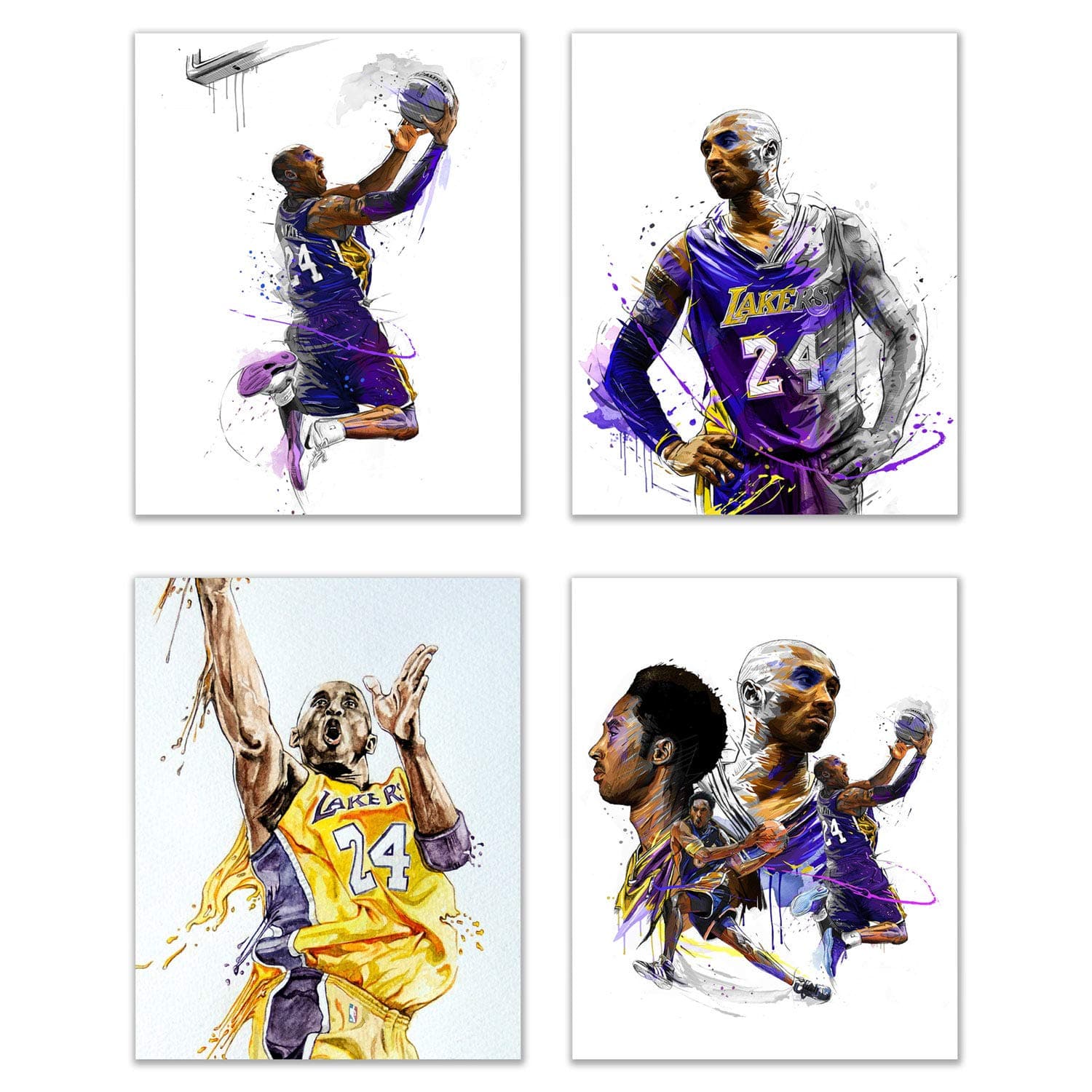 Summit Designs Kobe Bryant Watercolor Fan Art Prints - Set of 4 (8x10) Poster Photos