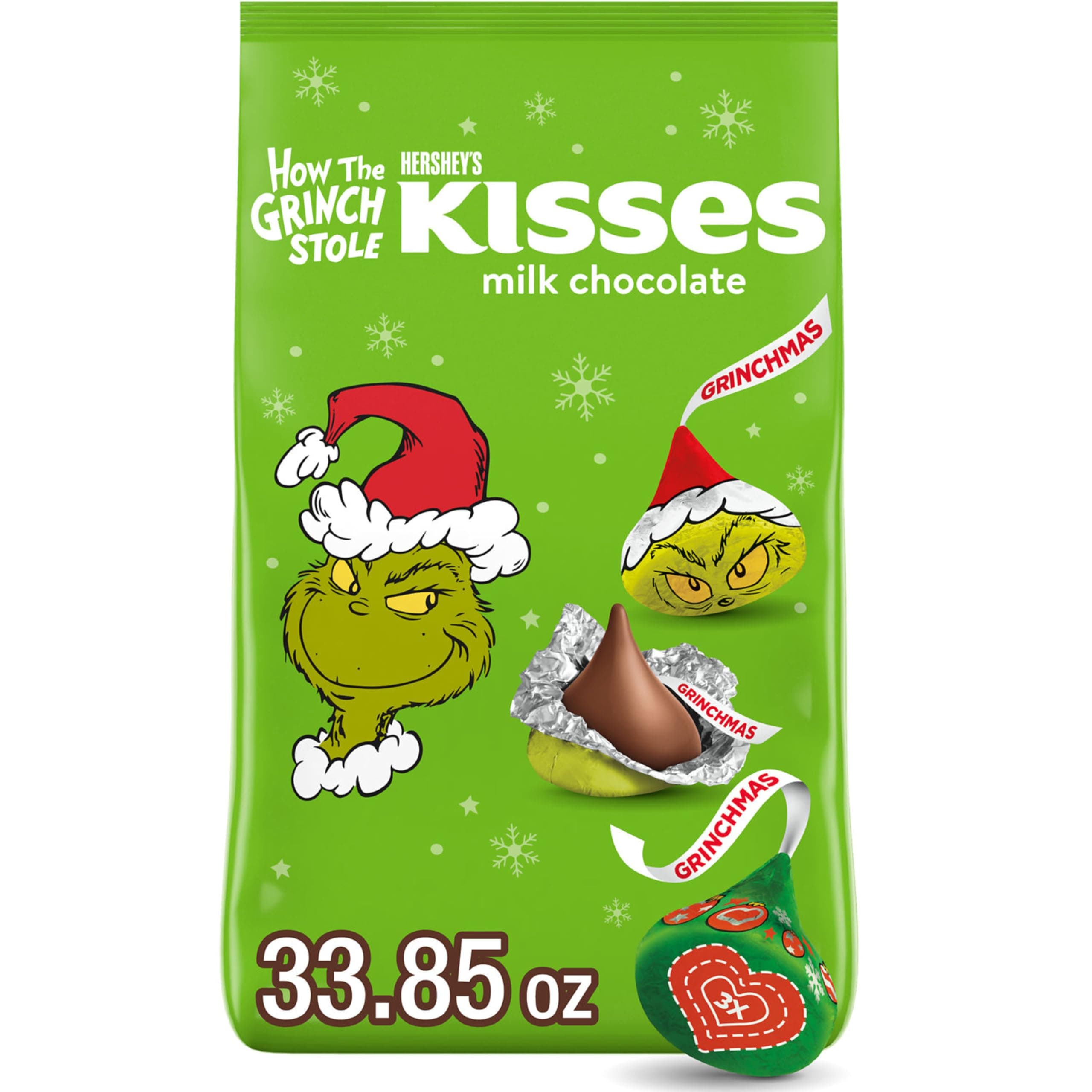 KISSES Grinch Milk Chocolate, Christmas Candy Bulk Bag, 33.85 oz