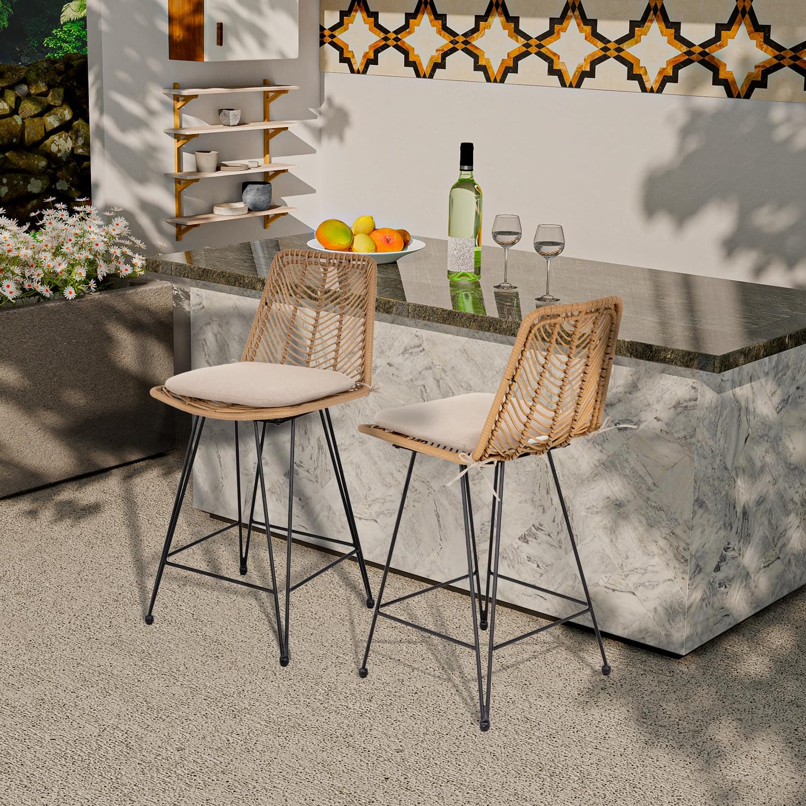 IDZO 400lbs Capacity Rattan Outdoor Counter Stools, 24" Tall, Set of 2, Comfort Cushion, Solid Steel Frame, Easy Assembly, Use for Outdoor & Indoor, Ideal for Patio & Kitchen Island