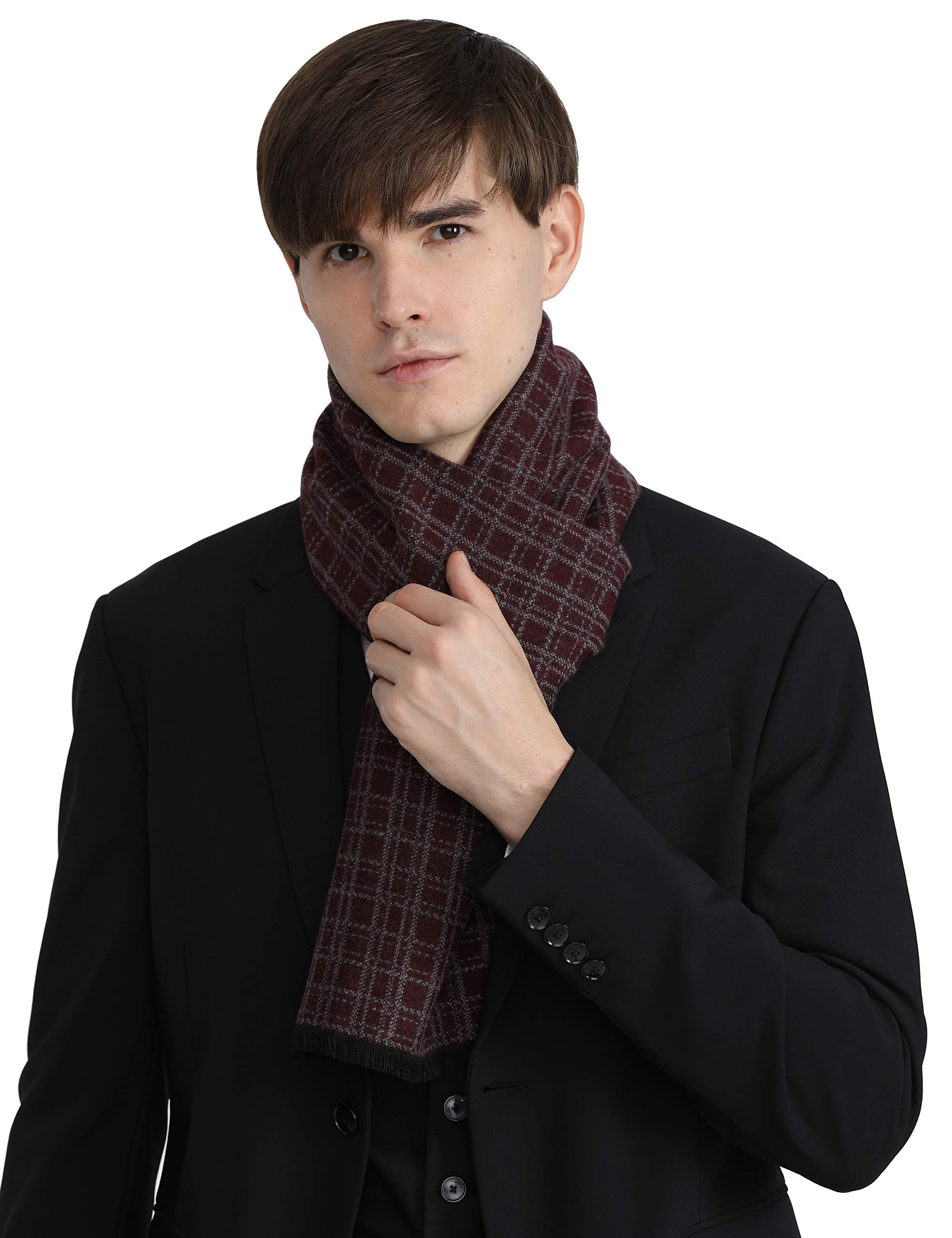 NEW Men's Prime Simple Colour Mix Weave Frayed Scarf (Wine Grey)