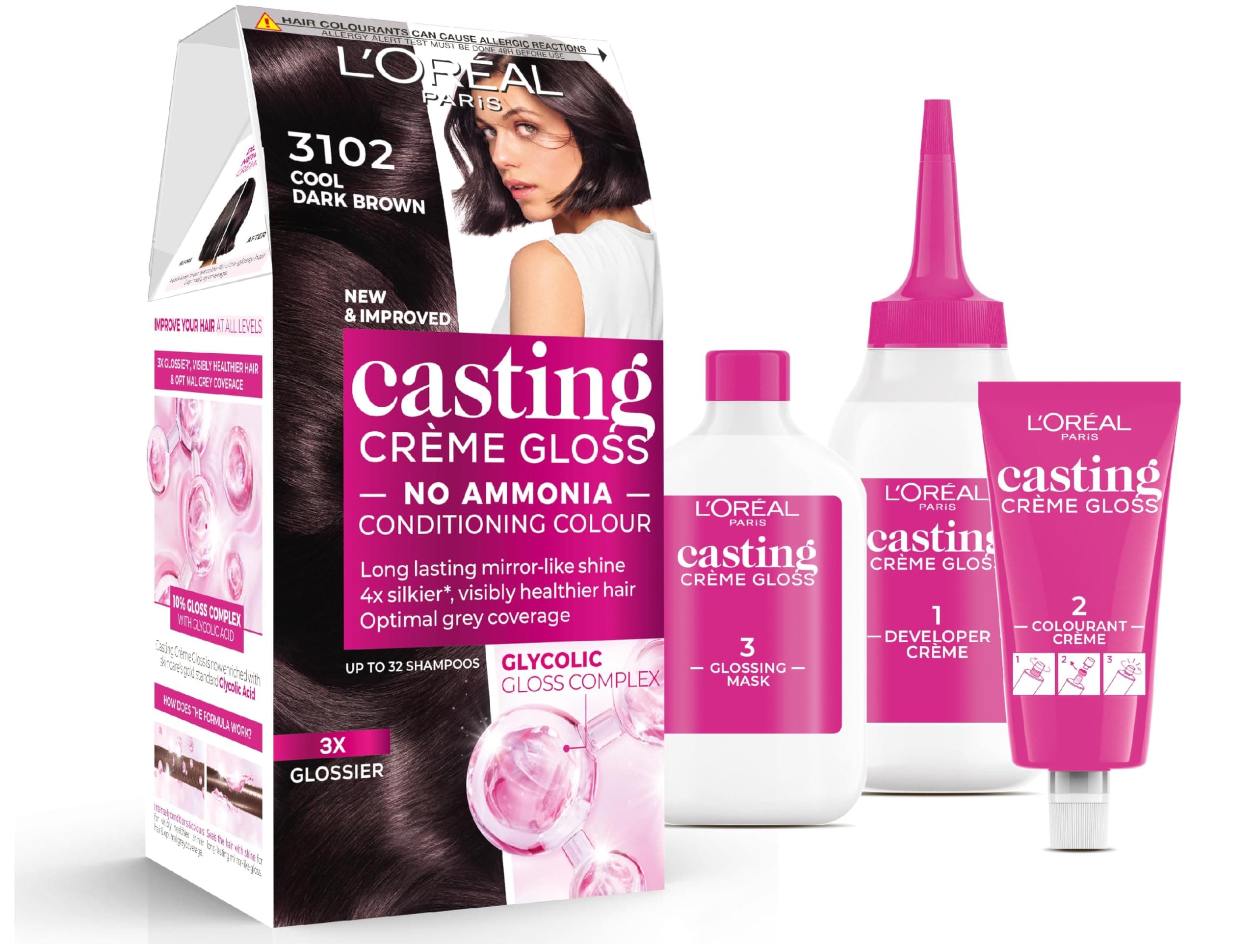 L'Oréal Paris Casting Crème Gloss, Semi-Permanent Hair Dye, Radiant & Natural Colour, No-ammonia, Semi-Permanent Hair Colour Lasts 32 Washes, Shade: 3102 Cool Dark Brown