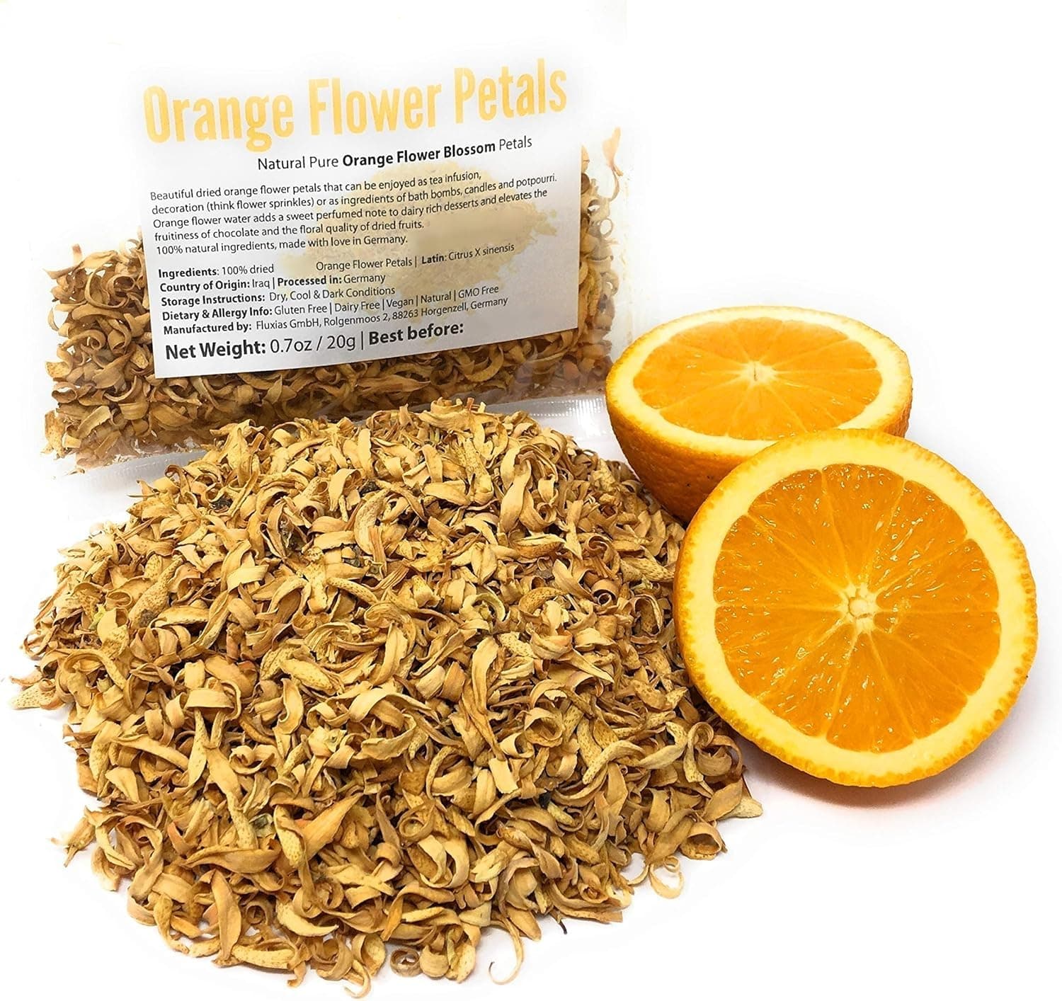 Pure Orange Flower Petals - Beautiful Dried Orange Flower Blossoms that can be enjoyed as tea infusion, infused water or as ingredients of bath bombs, candles and potpourri, decoration, sprinkles