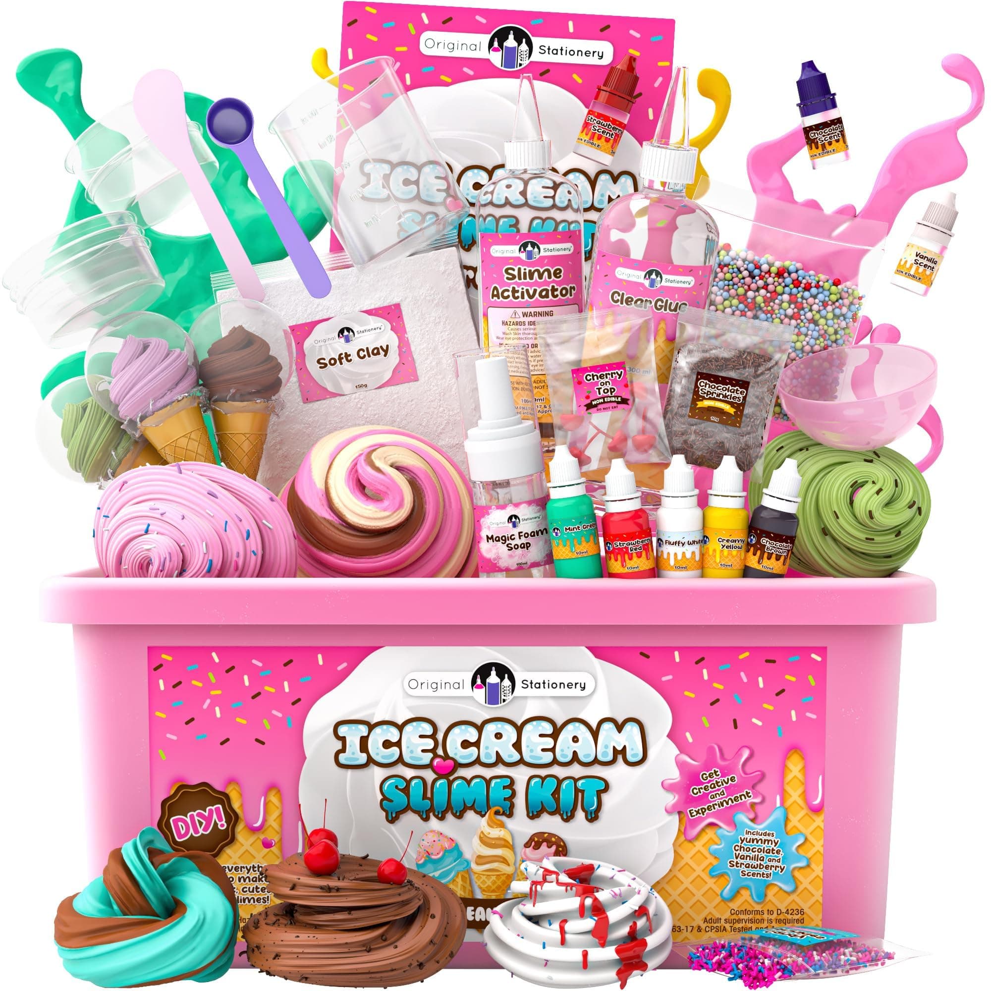 Original Stationery Ice Cream Slime Kit for Girls Toys, DIY Cherry-Scented Slime Making Set with 31 Pieces, Fun Arts and Crafts for Kids Ages 8-12, Easter and Birthday Gift