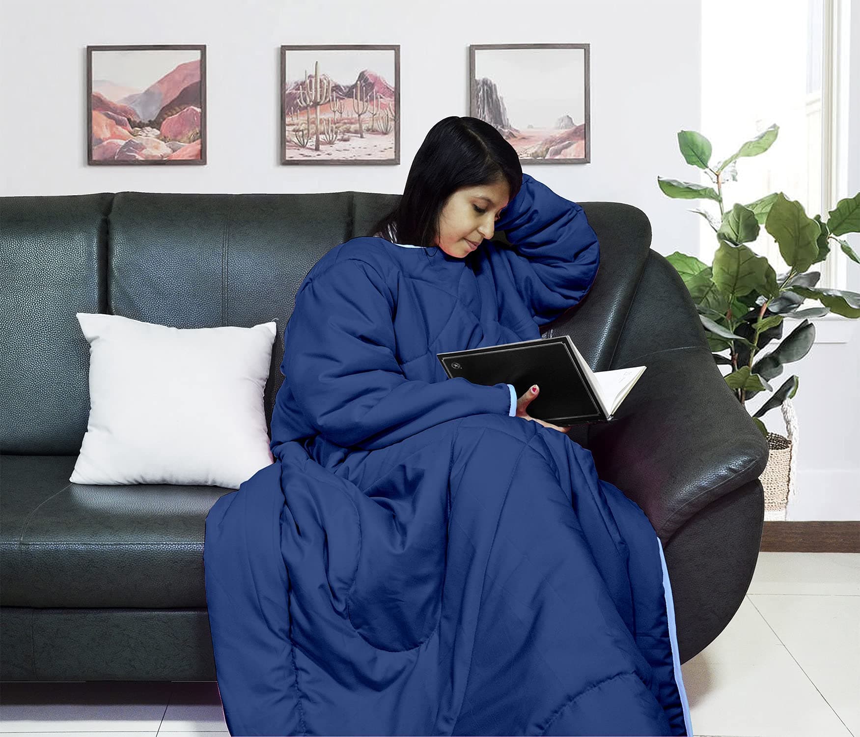 Divine Casa Microfiber Wearable Blanket with Sleeves | 120 GSM | Soft & Cozy Fleece | Hands-Free Comfort for Home & Travel | Solid | 182 x 137 cm, Amparo Blue