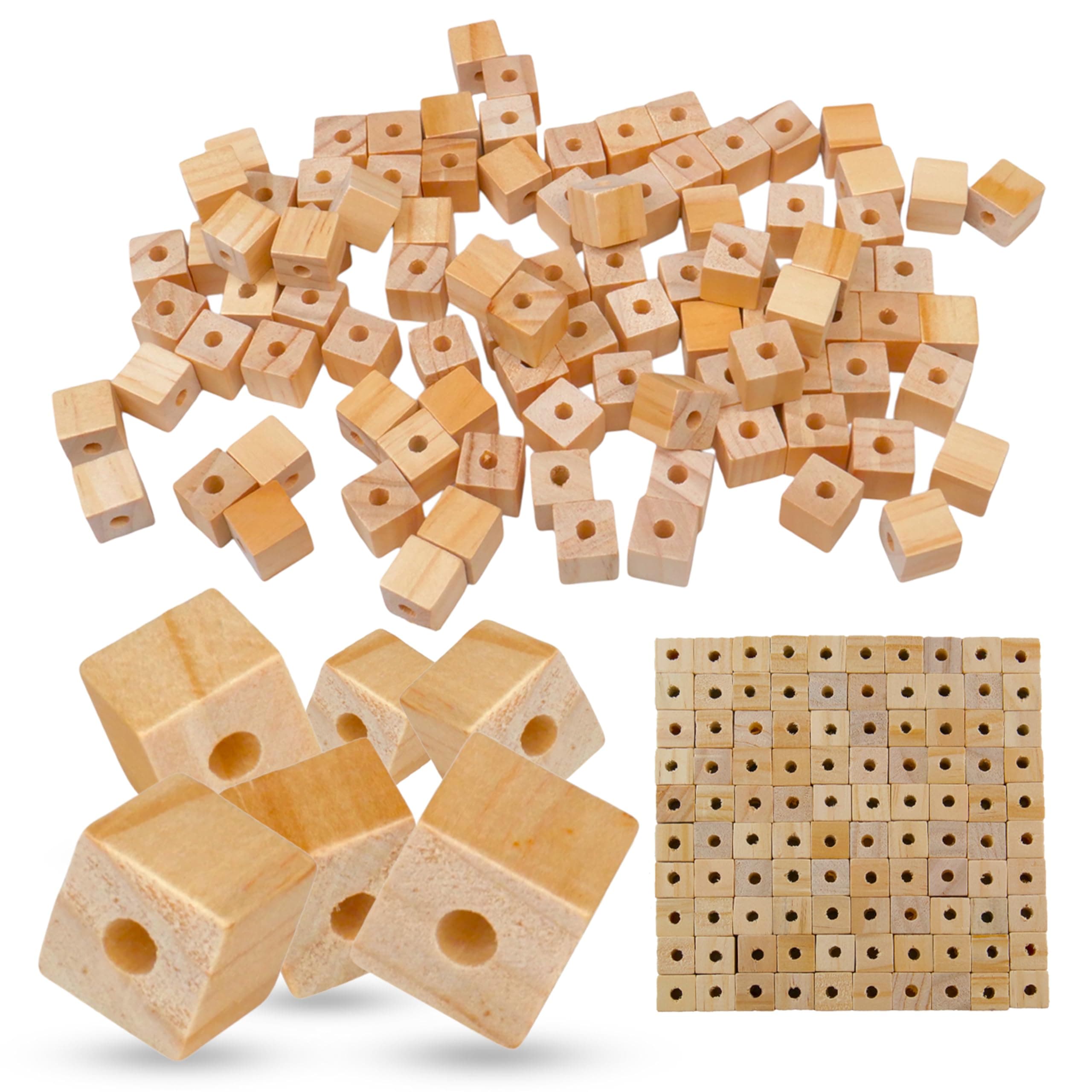1/2" Wood Cubes with Holes - 100 Pack - Unfinished Solid Wood Beads for DIY Craft and Building Projects