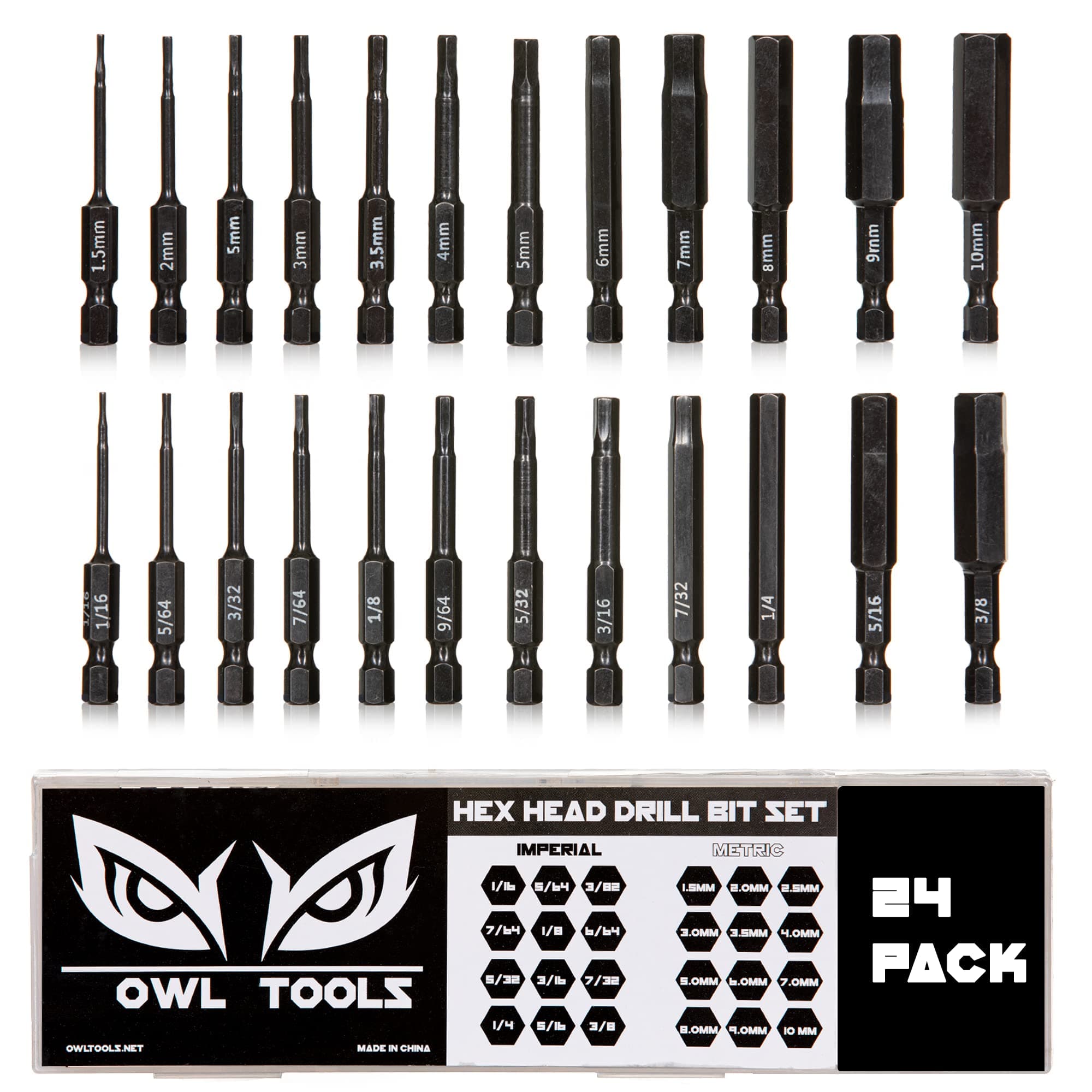 24 Pack of Hex Head Allen Wrench Drill Bits (CR-MO Industrial Strength Metric & SAE Hex Bits) - 2.3" with Case