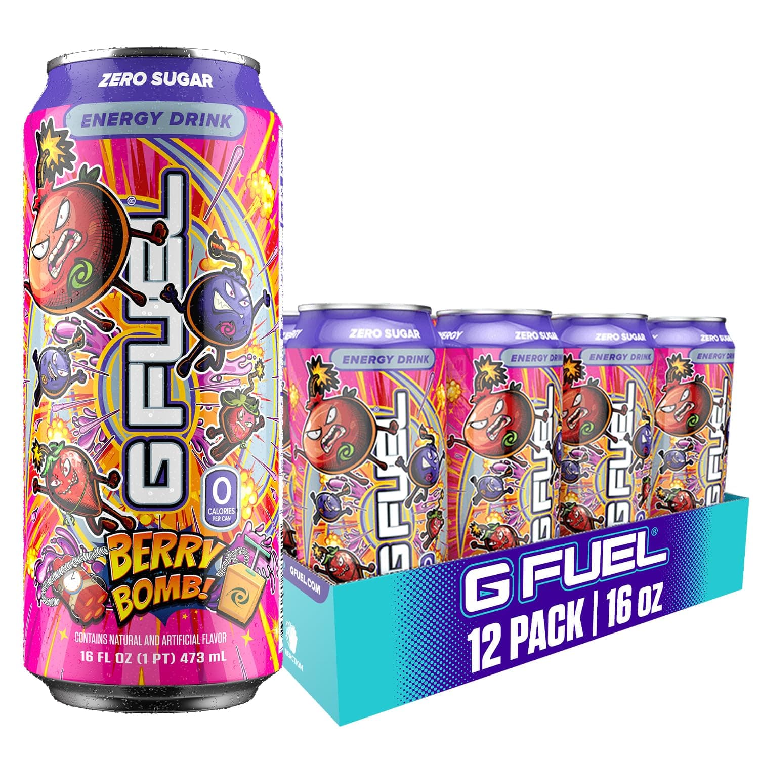 Energy Drink, Berry Bomb, Sugar Free Carbonated Beverage with 300mg Caffeine, Daily Energy Boost with Focus Amino, Vitamin + Antioxidants, 16 oz Cans (Berry Bomb, 12-Pack)