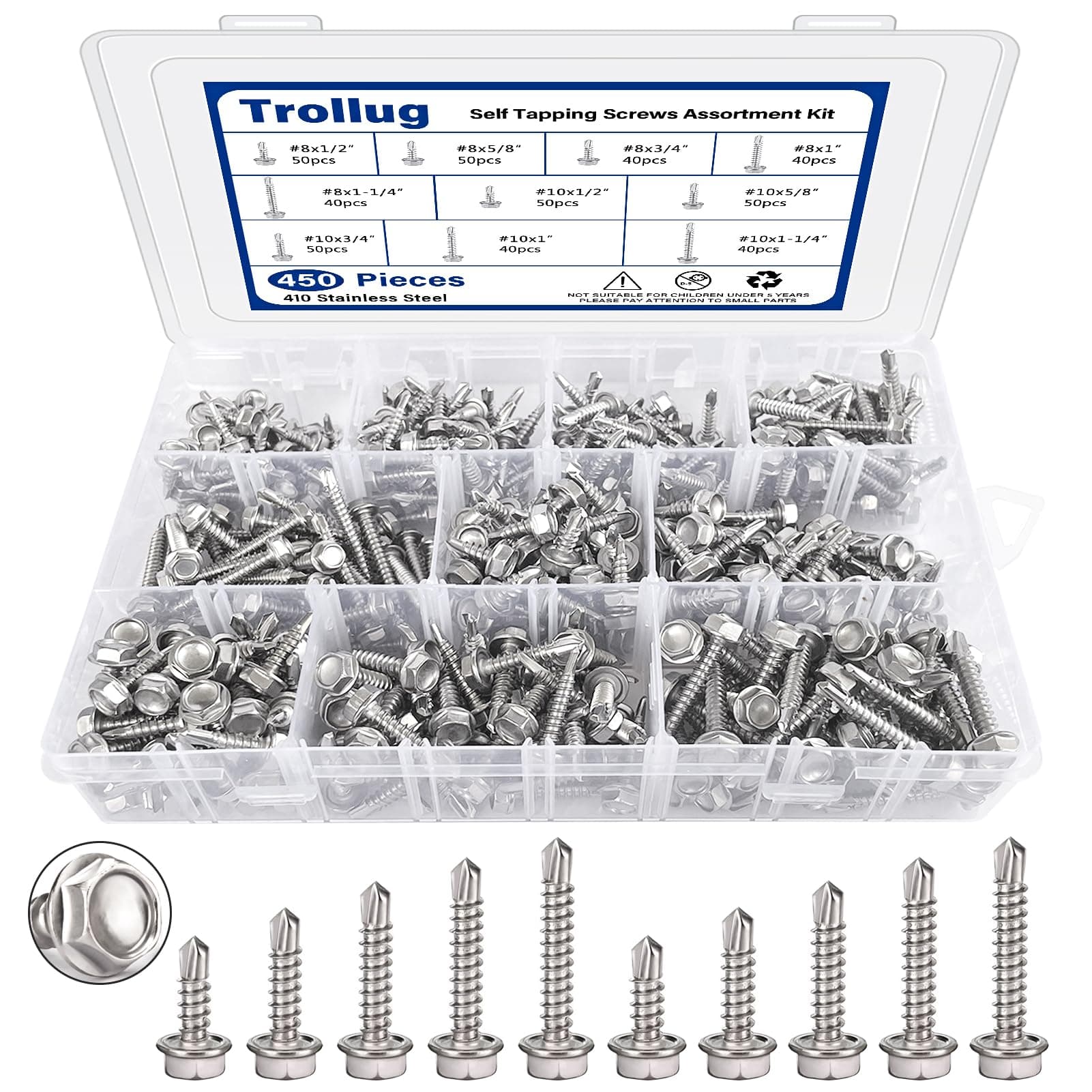 450PCS Self Tapping Screws for Metal, 410 Stainless Steel Self Drilling Screws #8#10 Hex Head Sheet Metal Screws Assortment Kits, Length 1/2"" to 1-1/4'' (Silver)