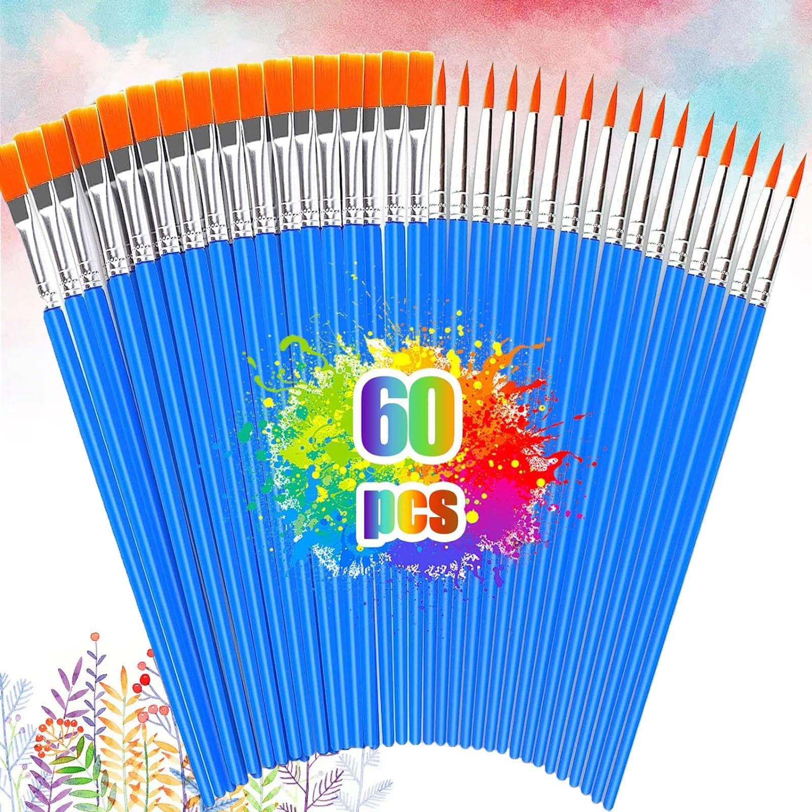 60 Pcs Small Paint Brushes, Round Flat Small Brush Bulk, Fine Tip Paint Brush for Detail Painting, Acrylic Paint Flat Pointed Brushes Kits for Face Painting, Children Watercolor, Nail Art