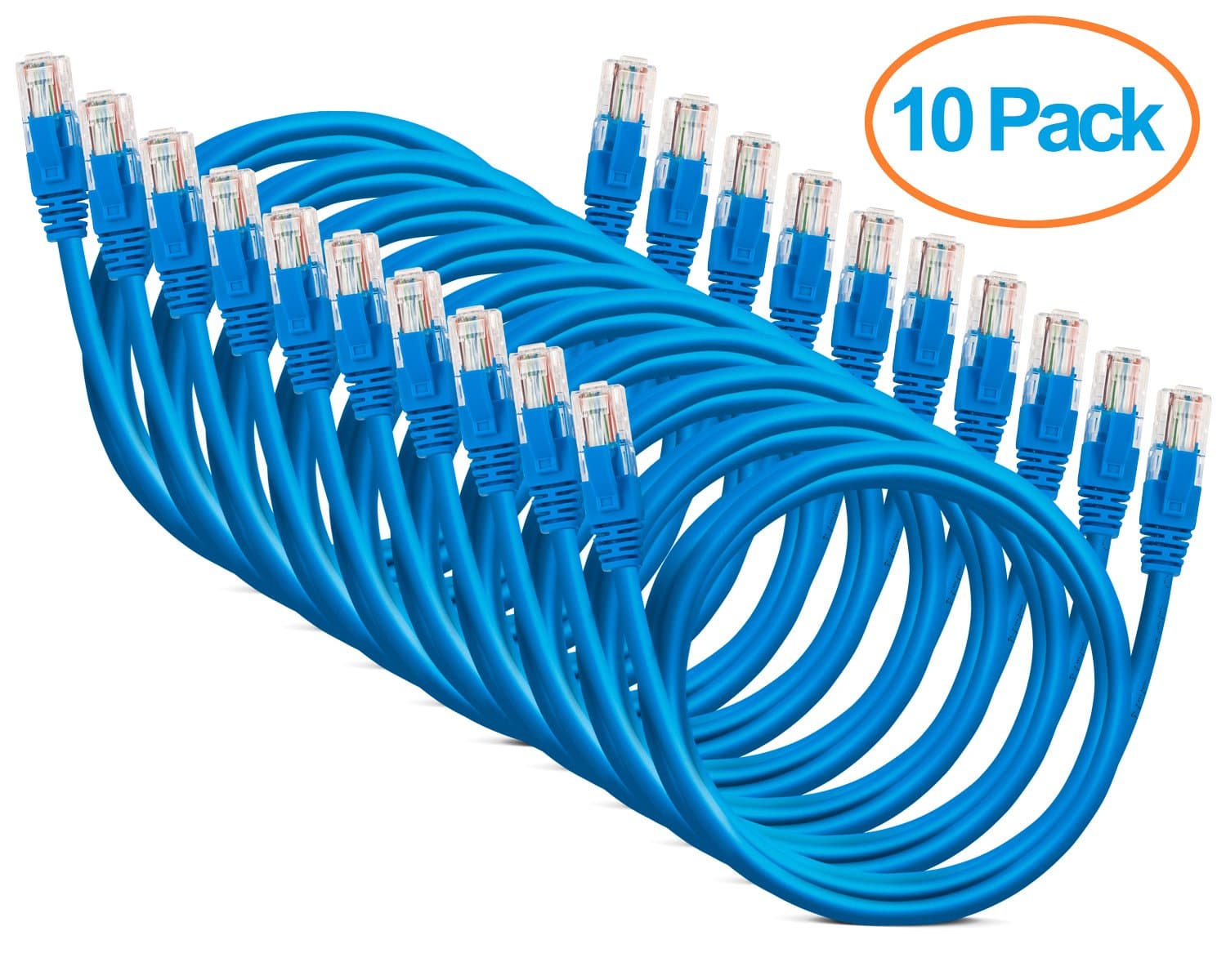 Aurum Cables Cat6 Snagless Ethernet Network Cable - 10 Pack - Blue - with Cable Ties - 12 Feet