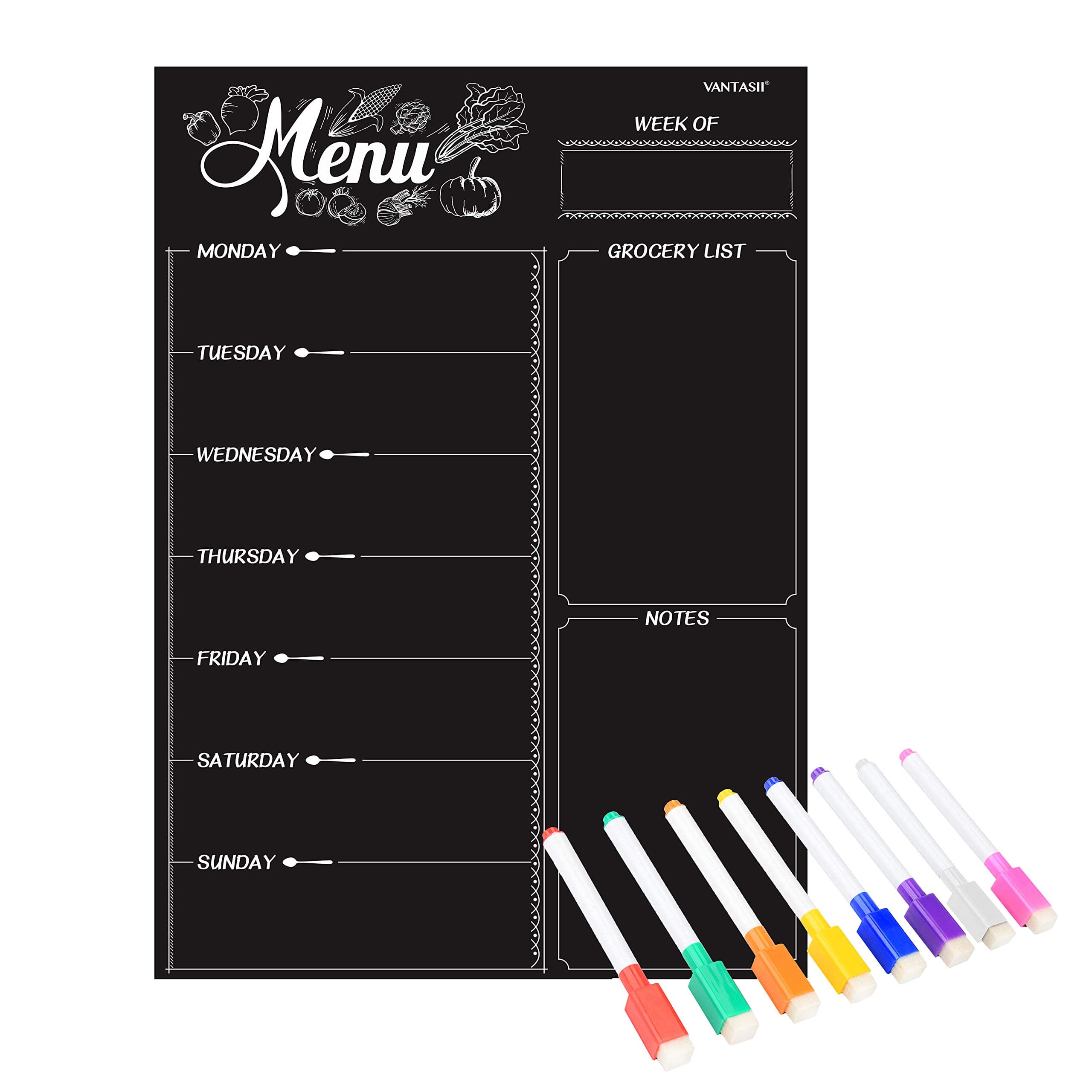 Magnetic Refrigerator Chalkboard,Weekly Menu, Meal Planner, Grocery Shopping List, Dry Erase Board, for Kitchen Fridge with 8 Color Magnetic Markers (16inchx12inch)