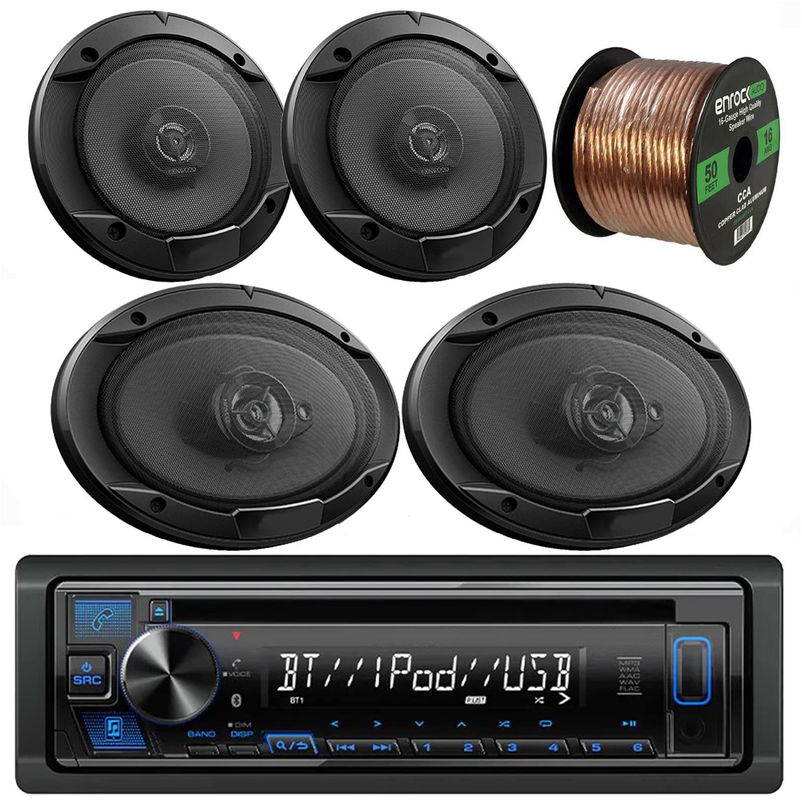 Kenwood Car CD MP3 Receiver with Bluetooth AM/FM Radio Player Bundle 2 6x9 Speakers, 2 6.5 Inch Speakers, Enrock 50 Ft 16g Speaker Wire (Built in Amp)