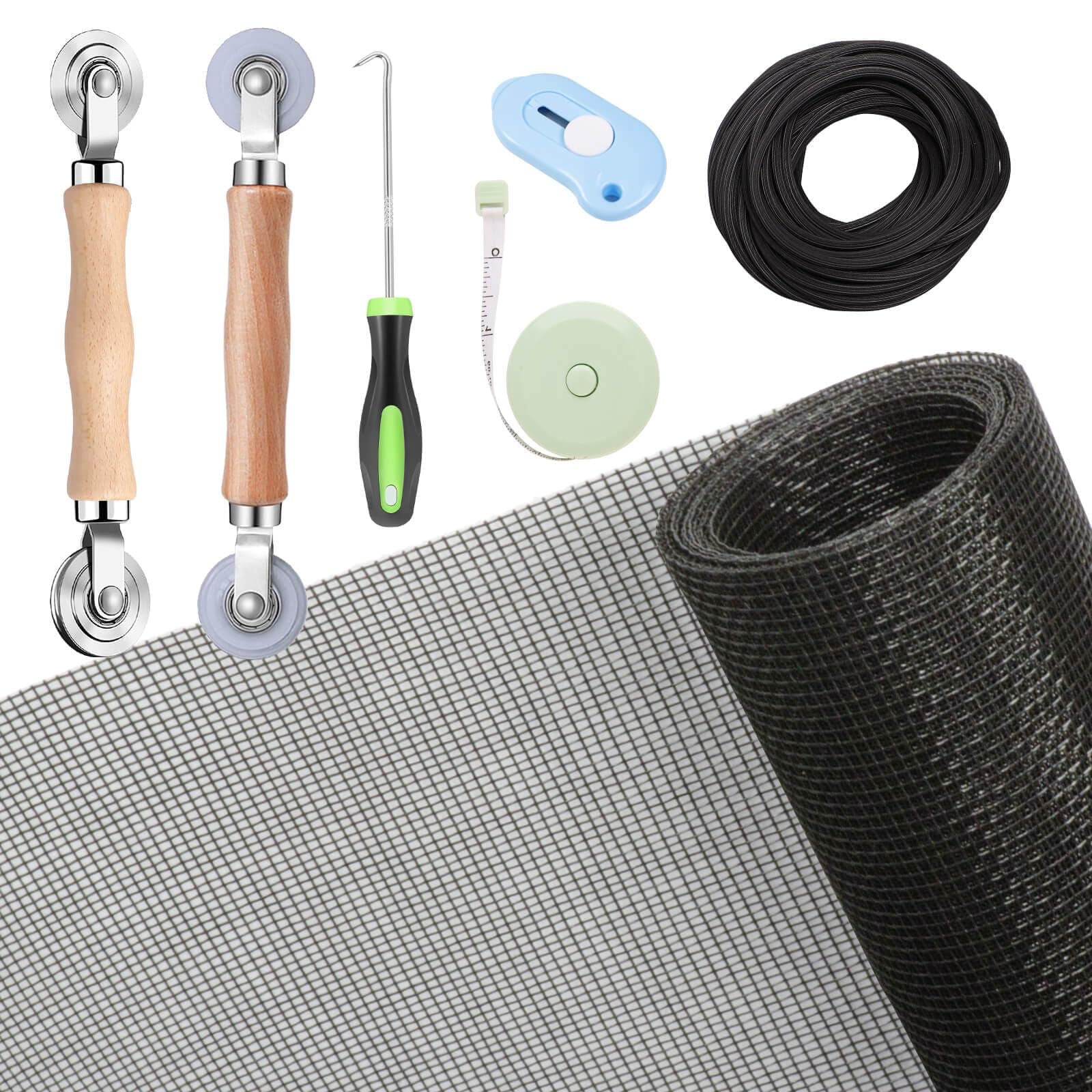 Windows Screen and Screen Door Repair Kit, 48"x118" Charcoal Fiberglass Mesh with Rolling Tool/Hook/Ruler/Cutter/Spline - Window Screen & Sliding Screen Door Replacement for Windows, TOOLTRIZ