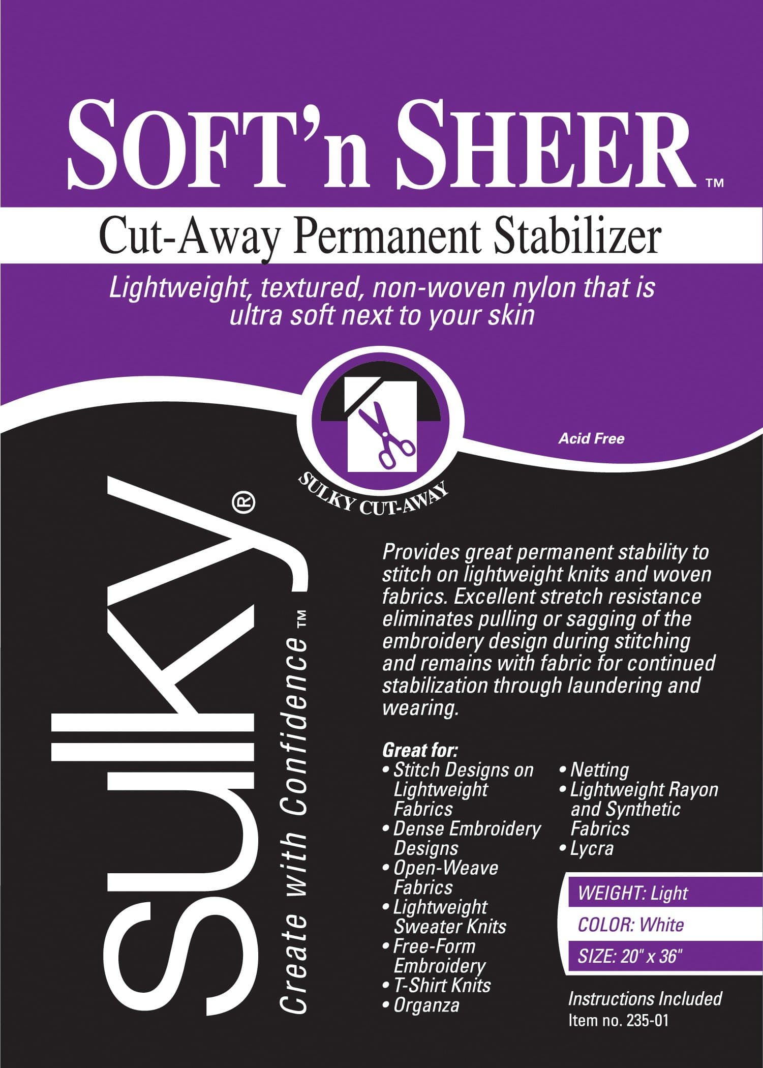 Sulky Of America 235-01 Cut Away Soft N Sheer Stabilizer, 20" by 1 yd, White