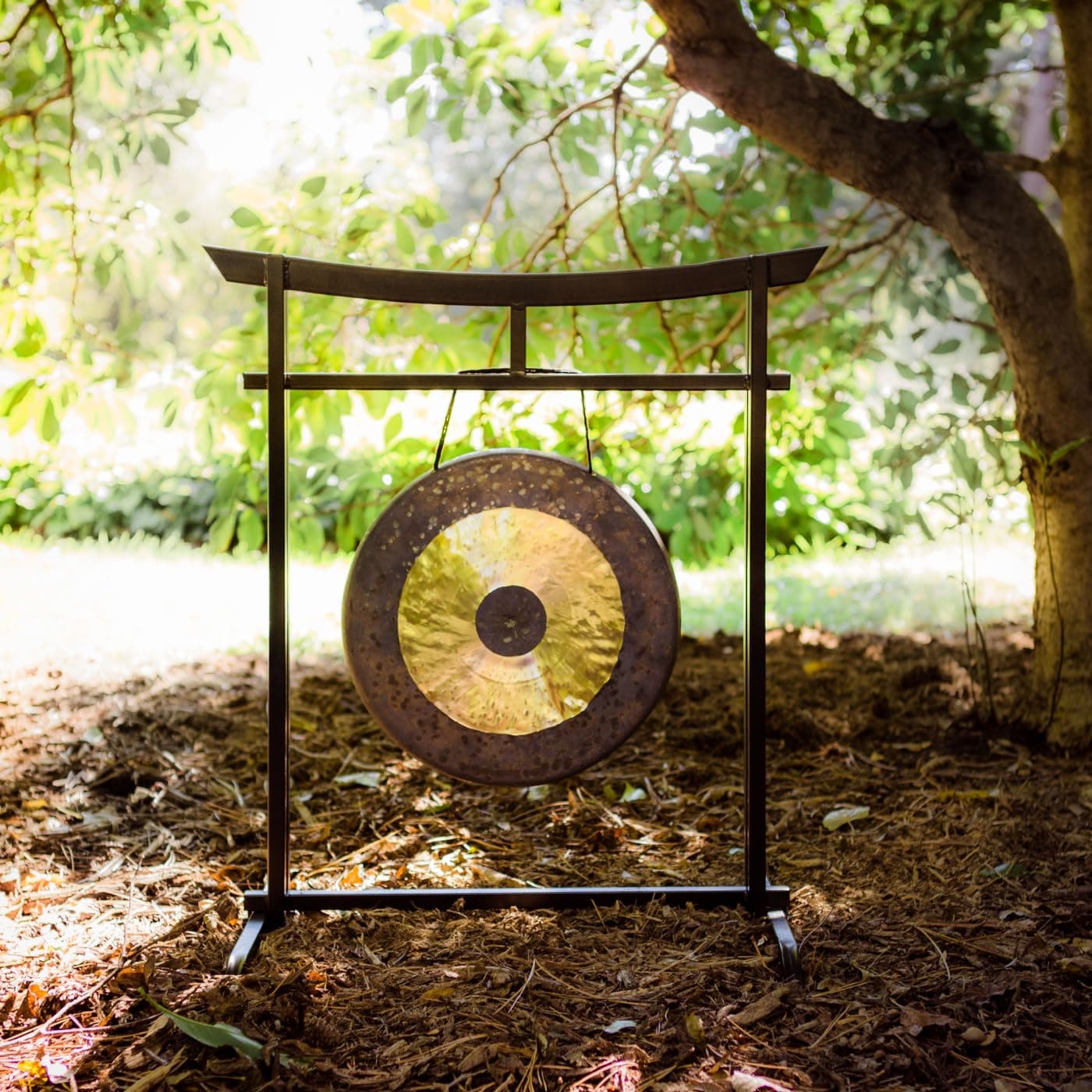 16" Gongs on Sacred Space Outdoor Stand - Includes Gong, Mallet, & Stand/Japanese Tori Gate Design/Traditional Chinese Bronze/For Meditation in Outdoor Spaces