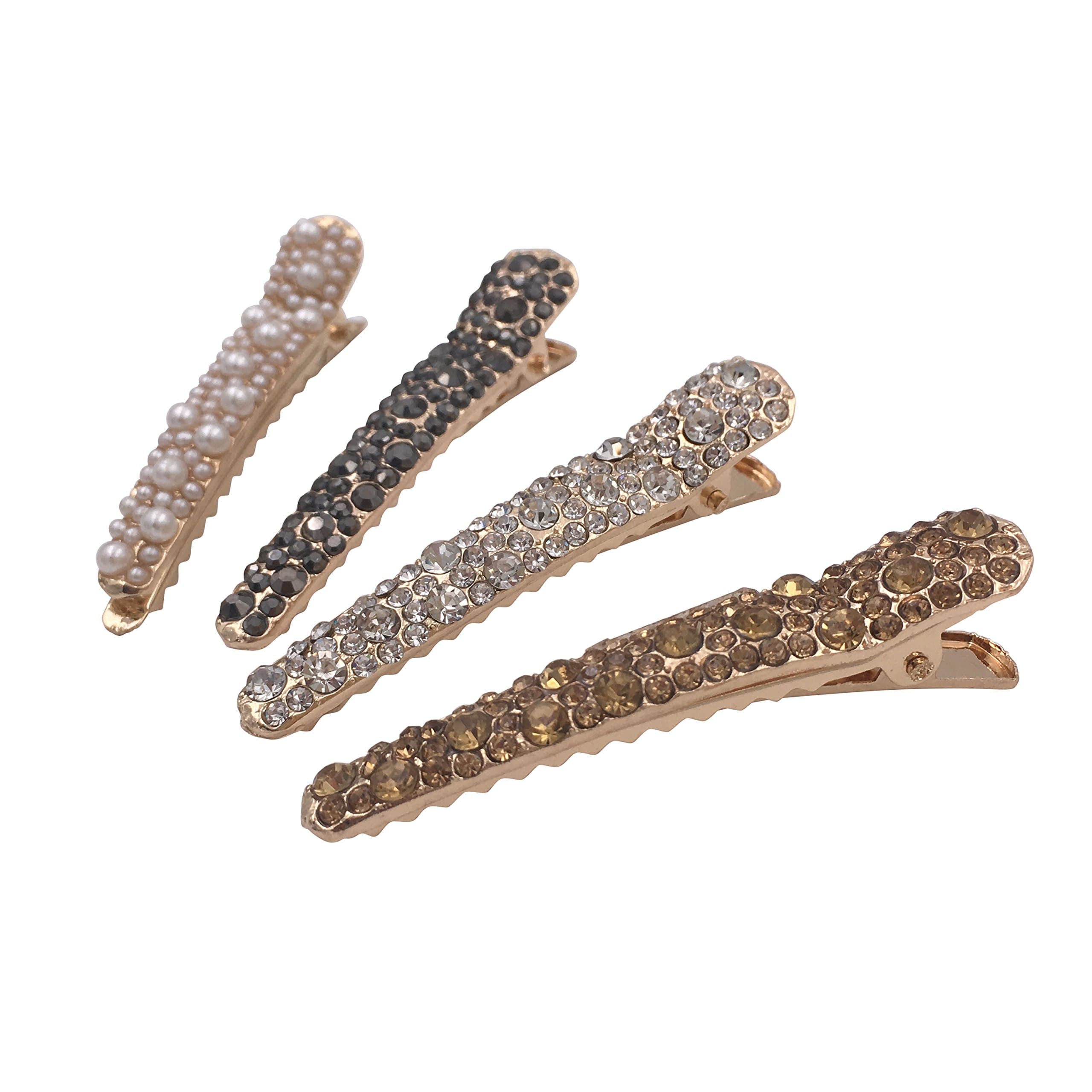 4 Gold Tone Rhinestone Crystal Pearl Beak Duckbill Alligator Clip Pin Hair Accessories Women Girls