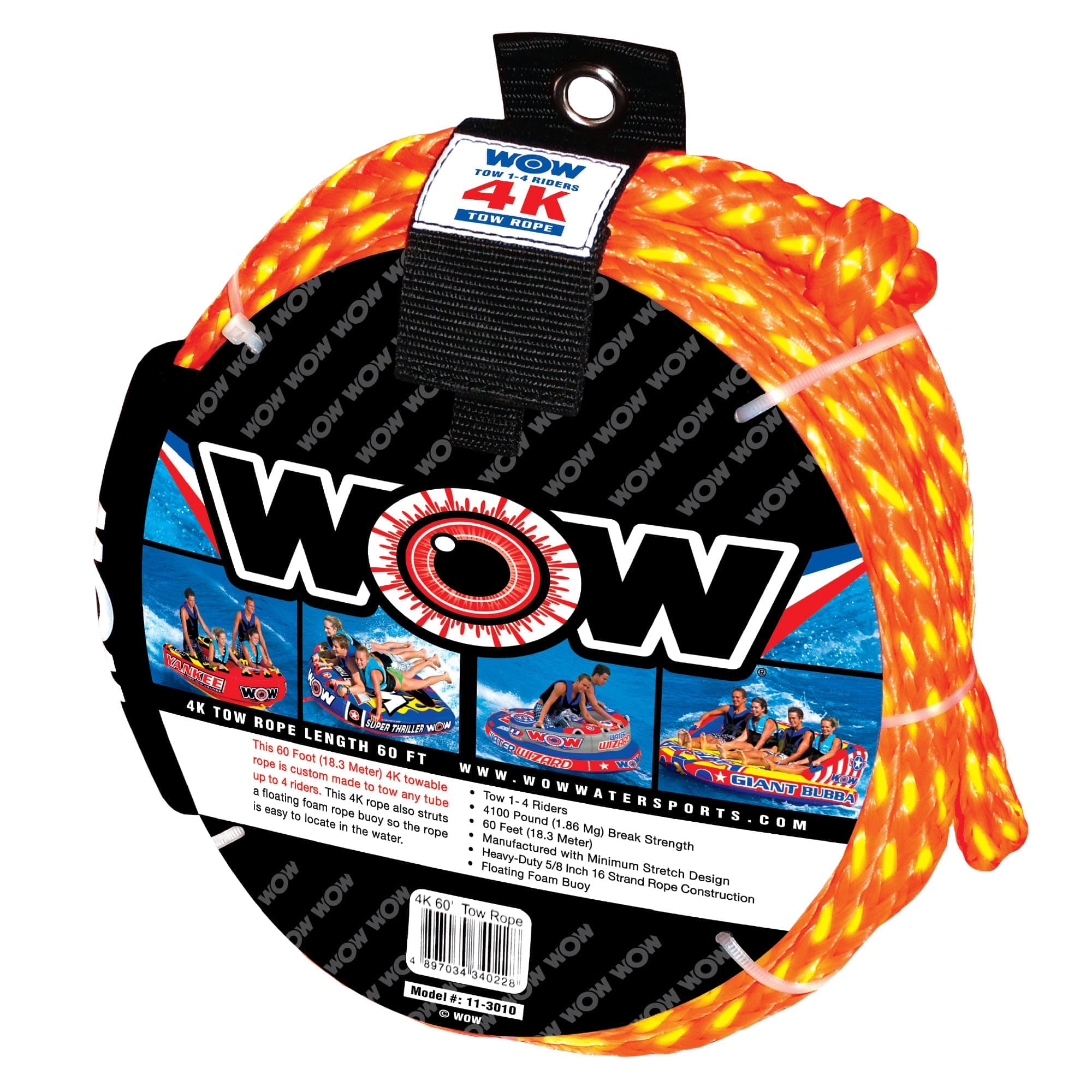 World of Watersports 4k 60 ft. Tow Rope with Floating Foam Buoy 1 2 3 or 4 Person Tow Rope for Boating, 11-3010