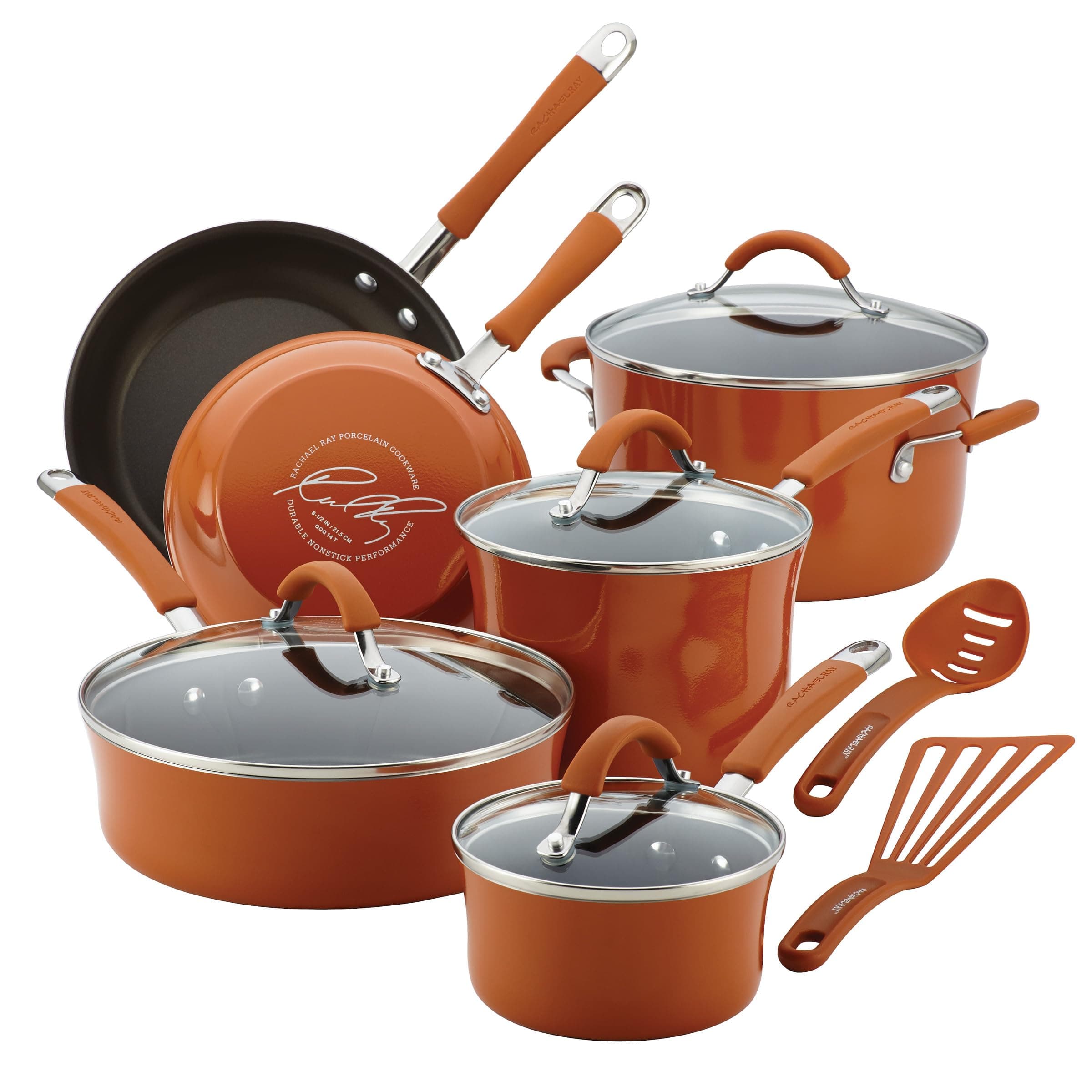Rachael Ray Cucina Hard Porcelain Enamel Non-stick Cookware Set, 12 Piece (Orange)