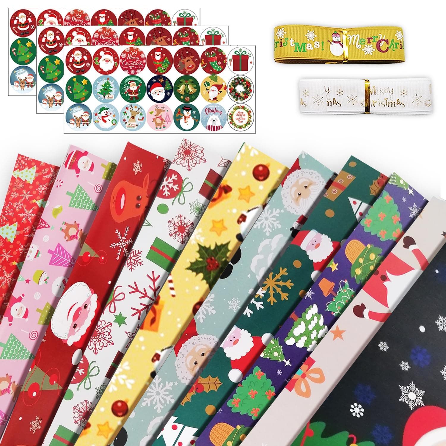 Yoawllty Christmas Decorations, 10 Sheets Christmas Wrapping Paper for Kids Boys Girls Man Women Gift's, Holiday Gift Wrap Paper with 63Pcs Gift Tag Stickers and 2 Rolls of Gift Ribbons
