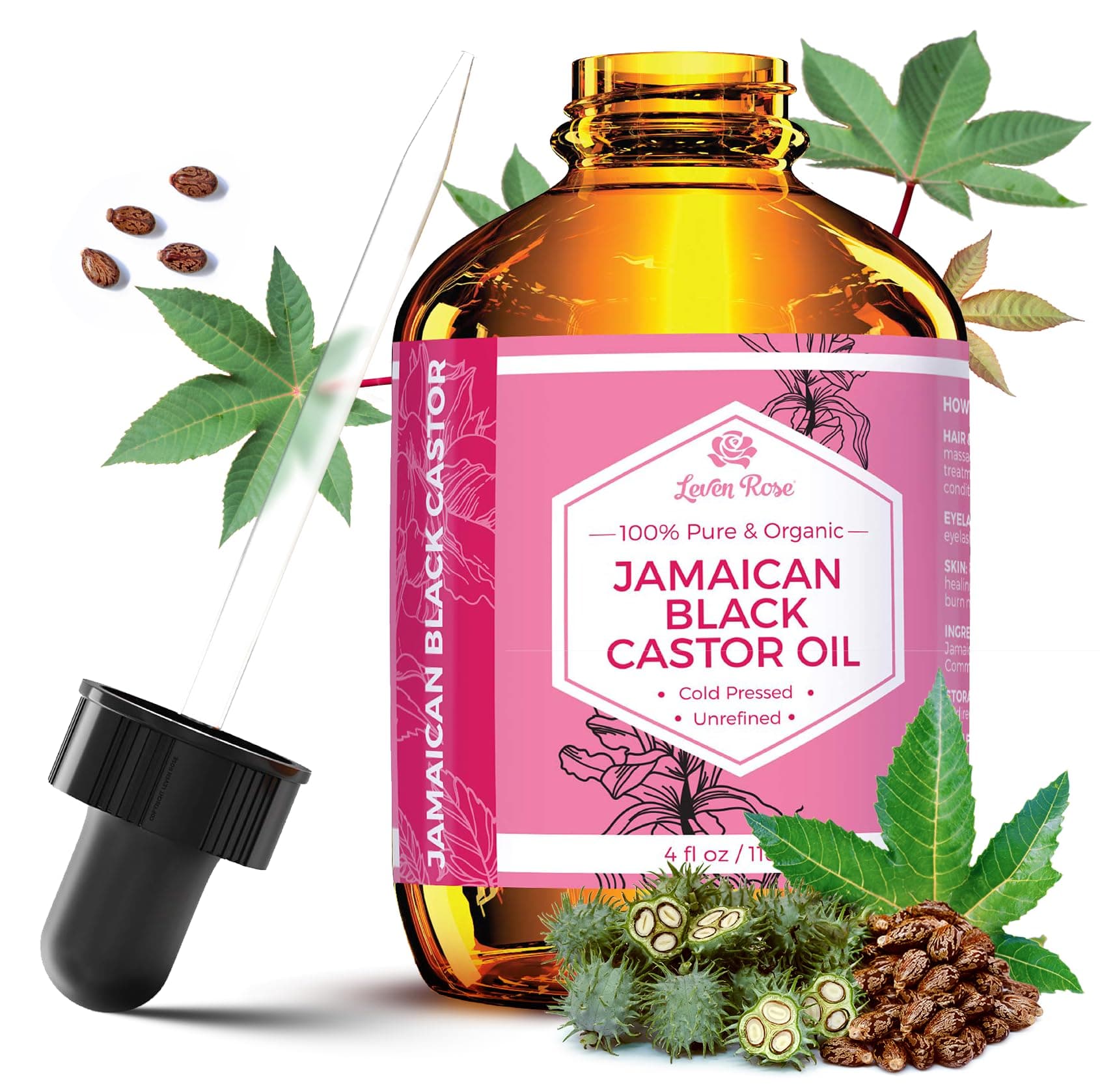 Jamaican Black Castor Seed Oil, 100% Natural & Pure Organic Serum for Hair, Hot Oil Treatment, and Skin Healing for Treating Eczema, Psoriasis, Acne, Burns 4 oz