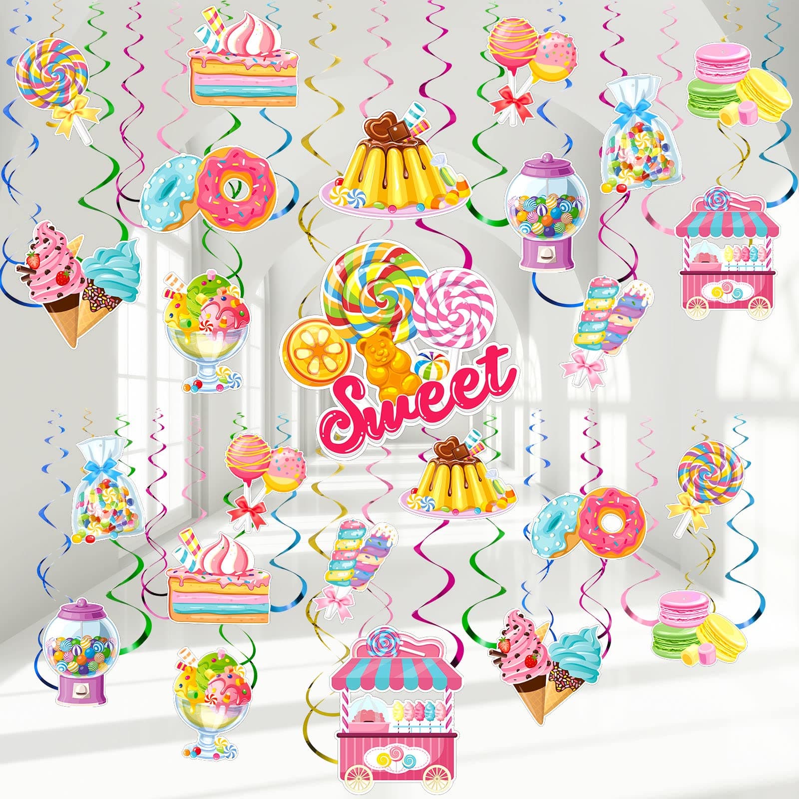 Crtiin 55 Pcs Candyland Party Decoration Candy Party Paper Swirls Colorful Lollipop Hanging Swirls Donut Ice Cream Ceiling Supplies Sweet Hanging Swirl for Kids Girls Baby Shower Birthday Sweet Shop