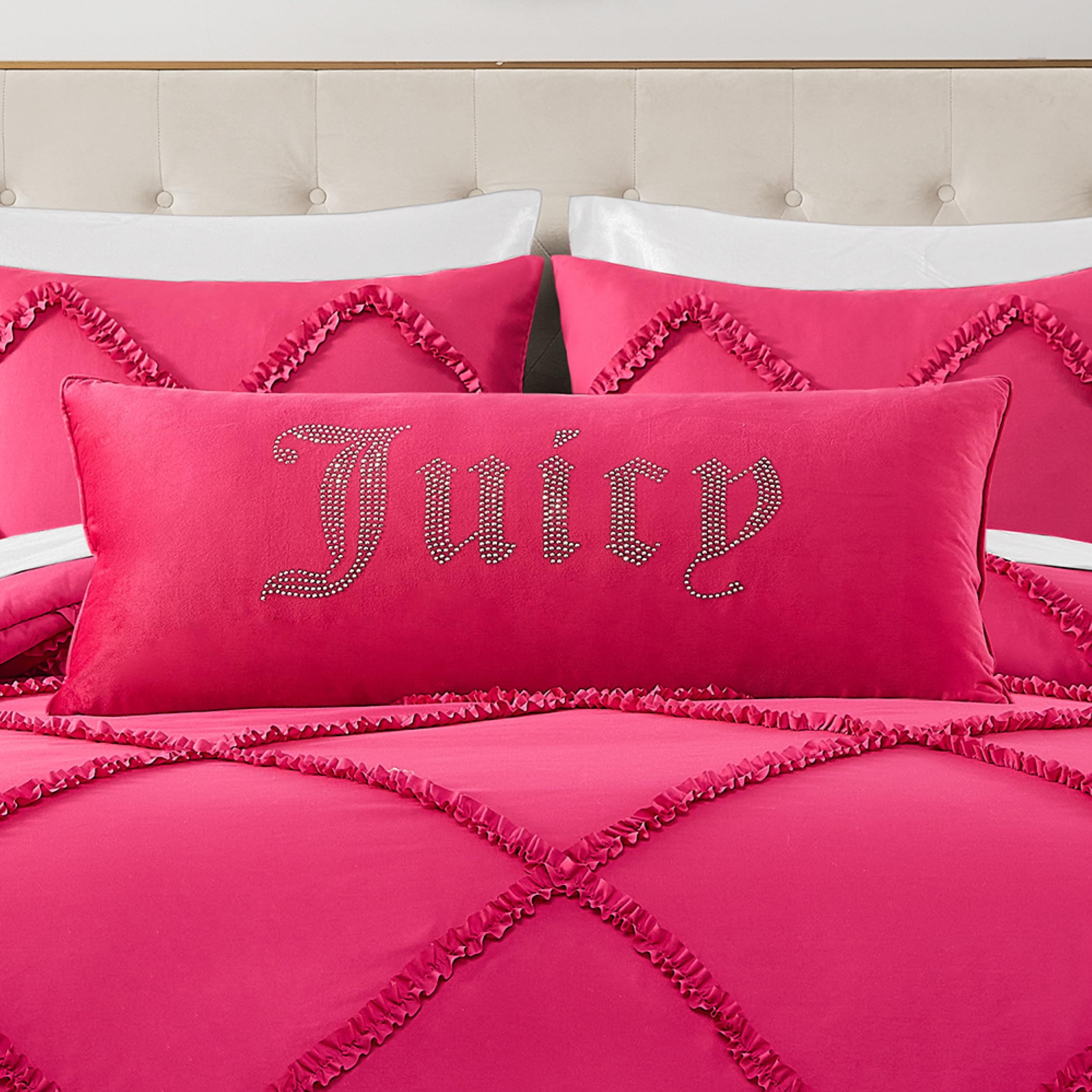 Juicy Couture Silver Rhinestone Decorative Pillow - Premium Throw Pillow - Living Room and Bedroom Décor - Hannah 16" x 36", Hot Pink Velvet
