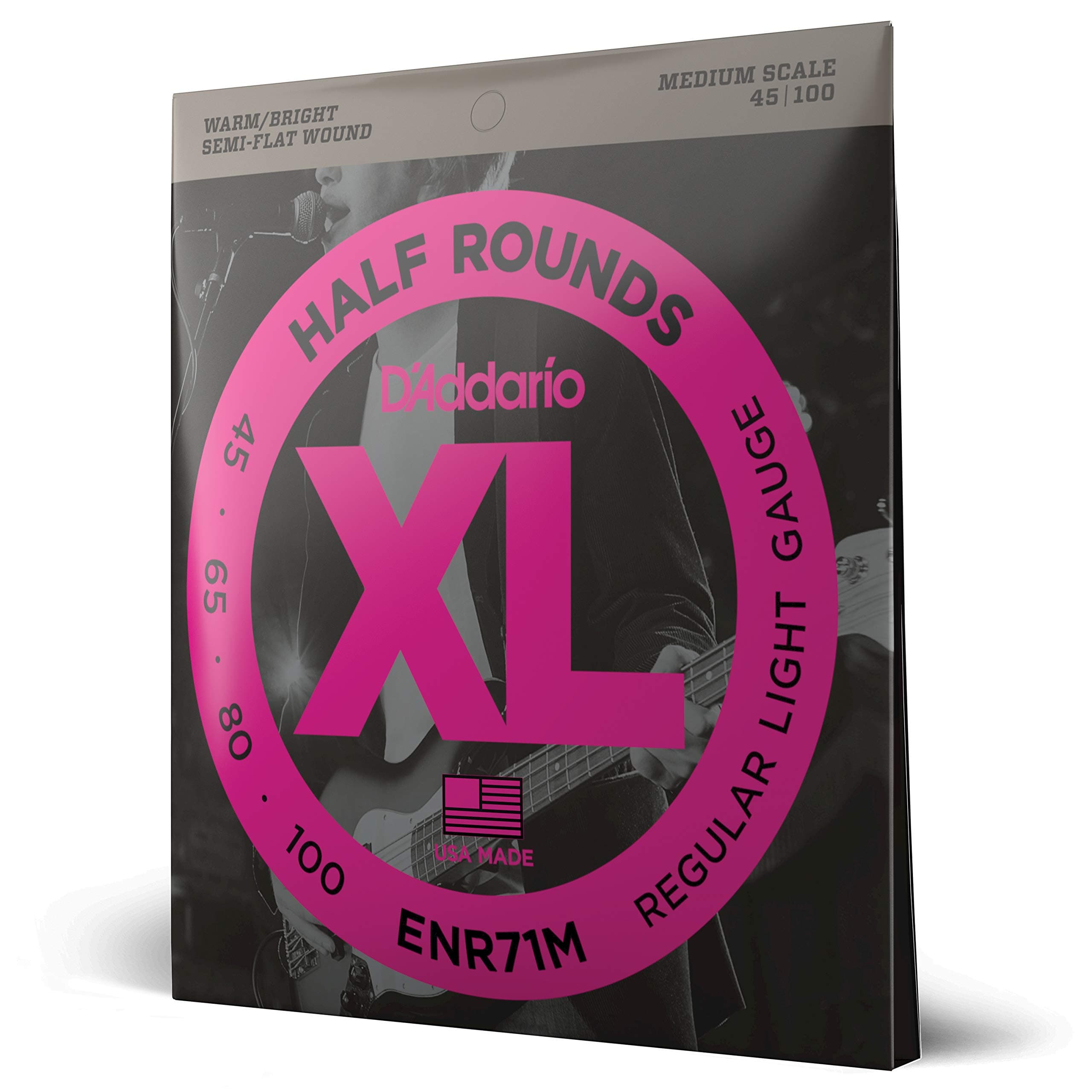 D'Addario Bass Guitar Strings, XL Nickel Half Rounds, ENR71M, Medium Scale, Regular Light Gauge 45-100, 4-String Set, Pack of 1