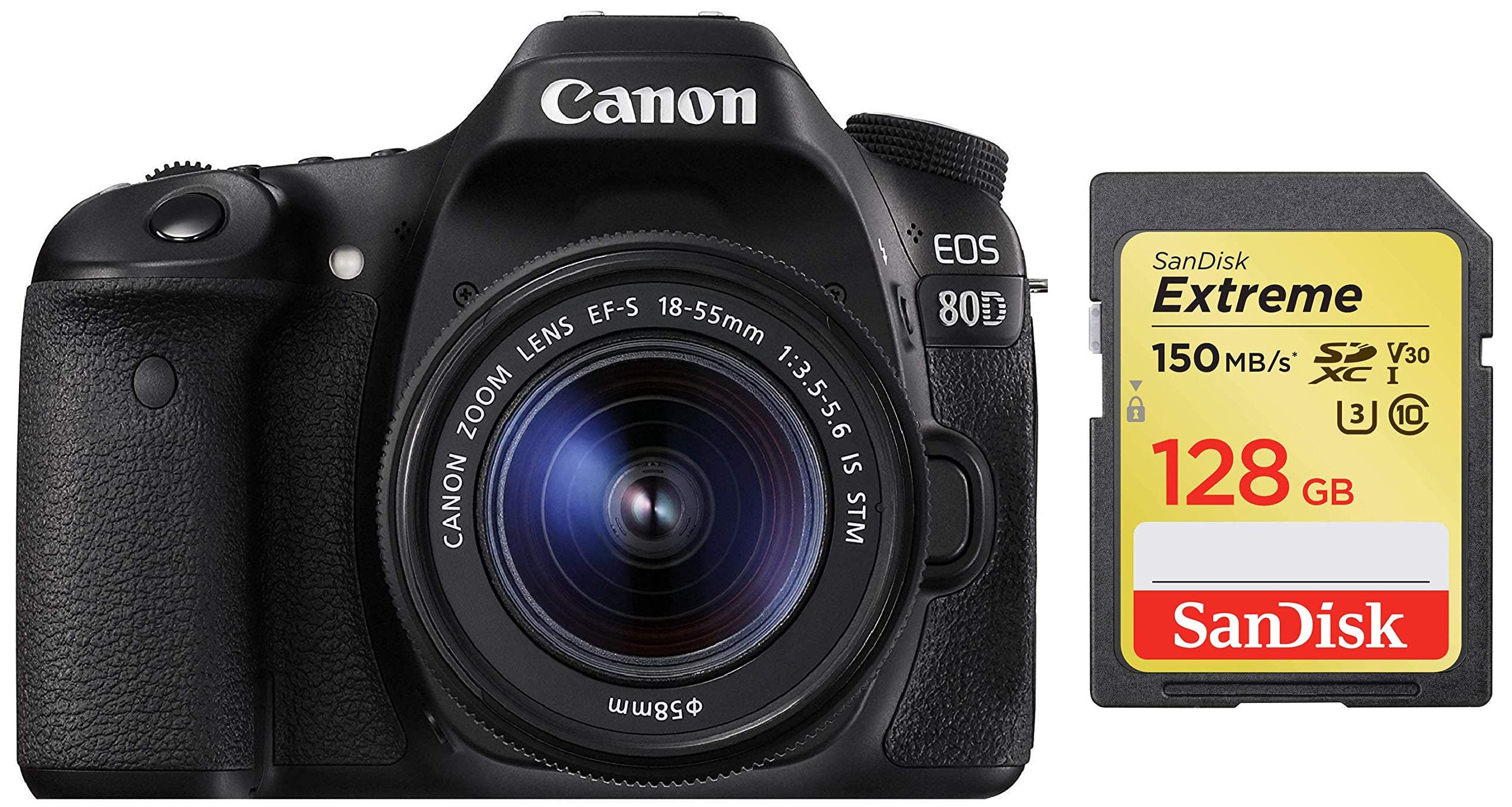 Canon EOS 80D 24.2MP Digital SLR Camera (Black) + EF-S 18-55mm STM Lens Kit + SanDisk 128GB Extreme SDXC UHS-I Card - C10, U3, V30, 4K UHD, SD Card