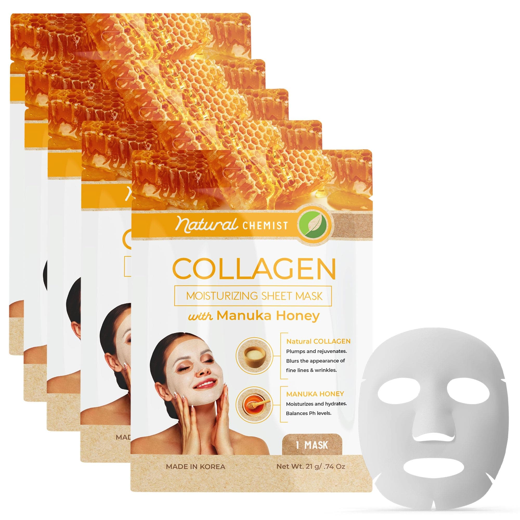 Natural Chemist Collagen & Manuka Honey Sheet Face Mask - Anti-Aging, Hydrating, Skin Firming, Reduces Fine Lines, Dermatologist Tested, Cruelty Free Korean Skin Care For All Skin Types - 5 Masks