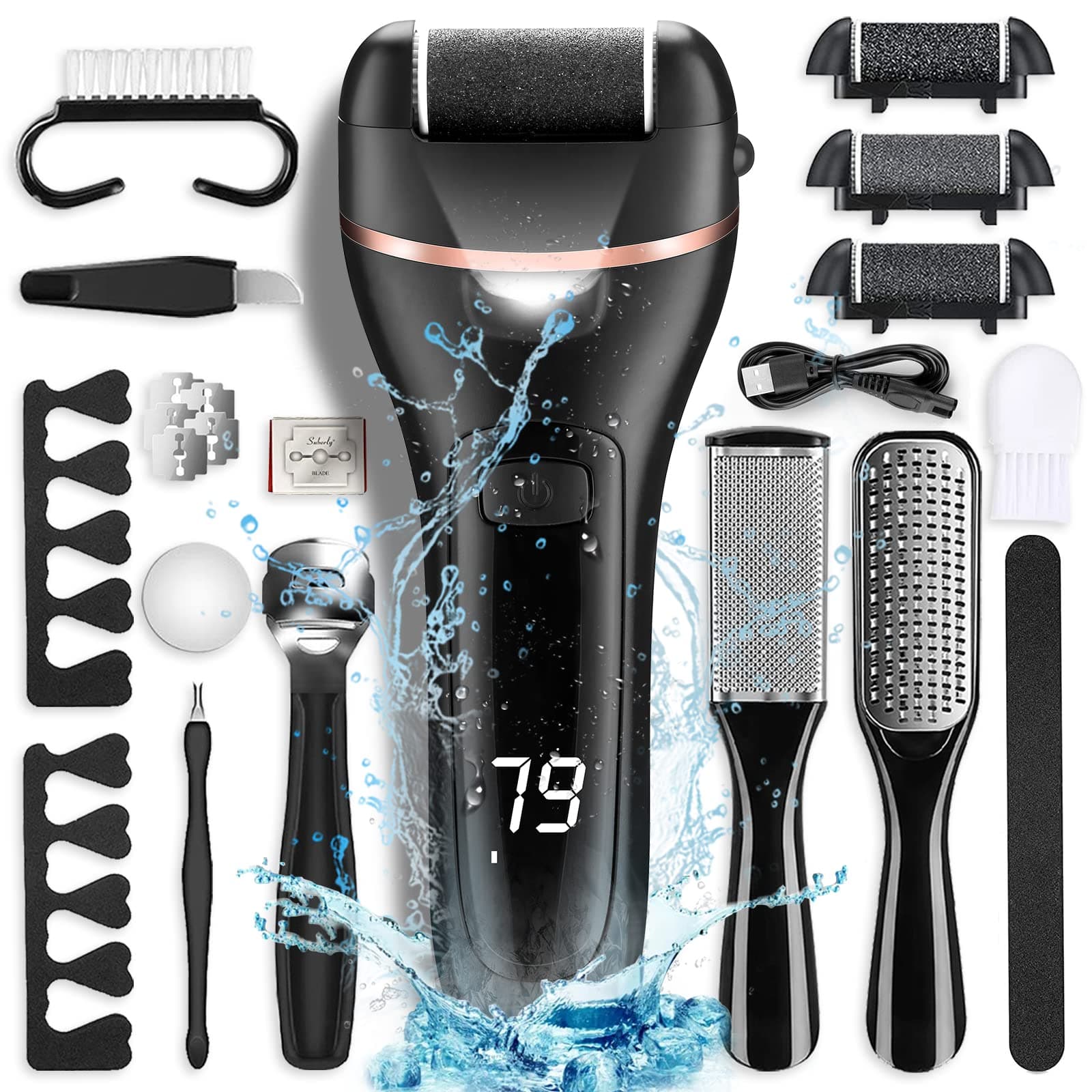Electric Callus Remover for Feet with Rechargeable Waterproof 22 in 1 Professional Pedicure Kit,Foot Care Tools Wet & Dry Foot File For Dead Skin&Cracked Heel or Rough Hand With 3 Roller Heads 2 Speed