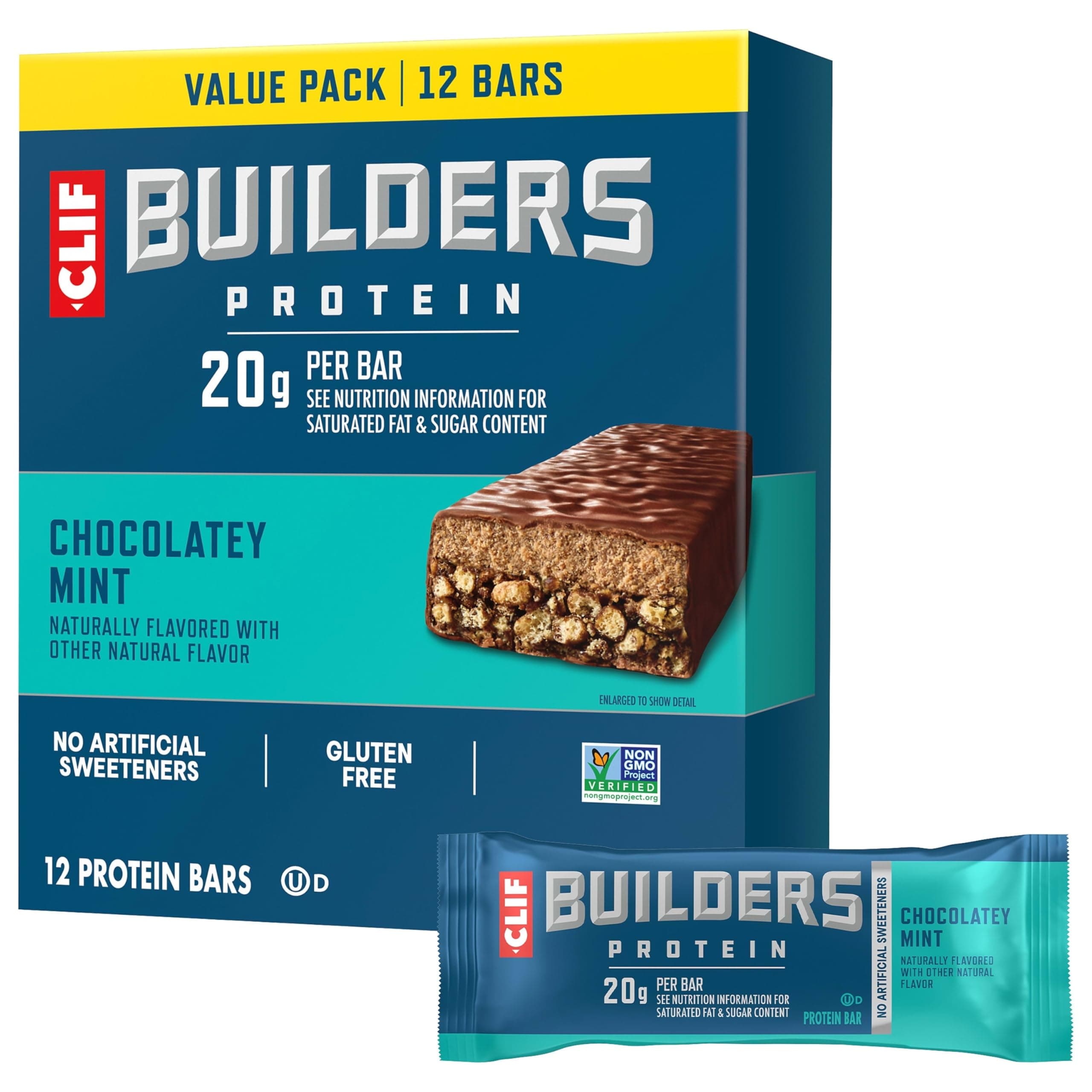 CLIF BUILDERS Protein Bars - Chocolate Mint Flavor - 20g Plant Based Protein - Gluten Free - Non-GMO - Low Glycemic - No Artificial Sweeteners - Value Pack, 2.4 oz. (12 Count)