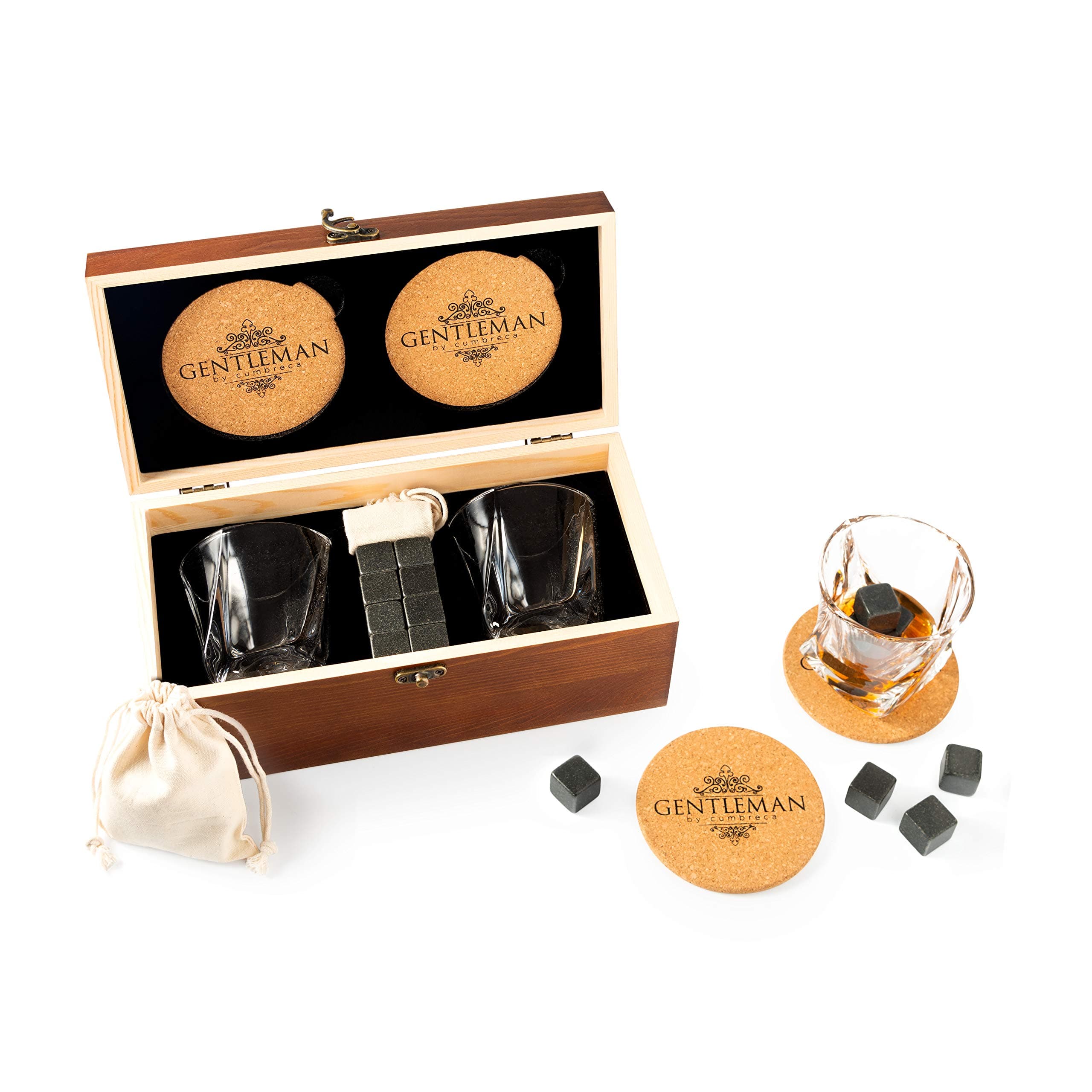 Whiskey Stones Gift Set | Whiskey Rocks | Chilling Stones + Scotch Bourbon Whiskey Glasses | Gift for Him Men Husband Dad Boyfriend Anniversary