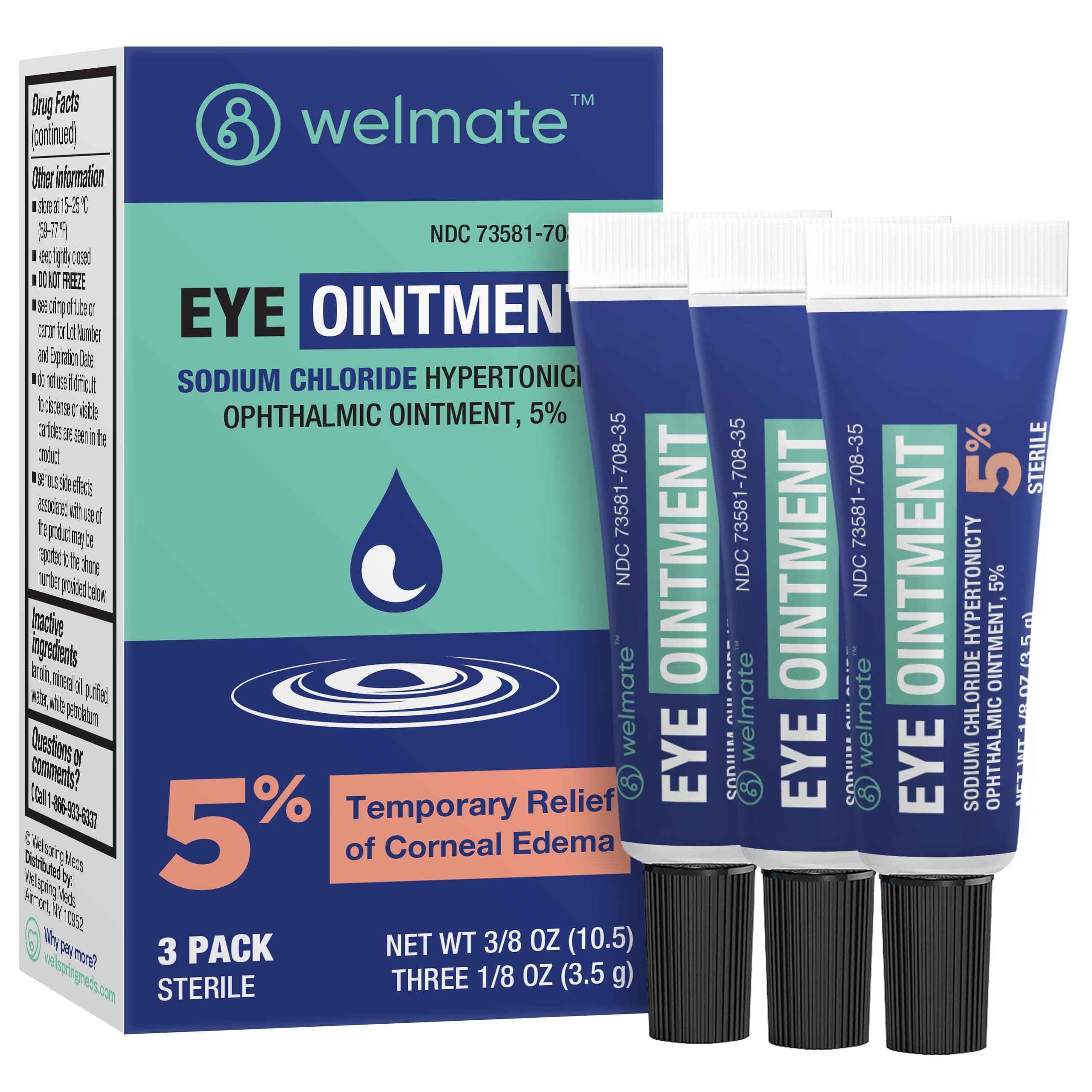 WELMATE - Eye Ointment (3 Tubes) - Sodium Chloride Hypertonicity Ophthalmic Ointment 5% - Relief of Corneal Edema Symptoms - Lanolin & Mineral Oil - Sterile - Travel Size - Eye Care - 1/8 oz (3.5g)