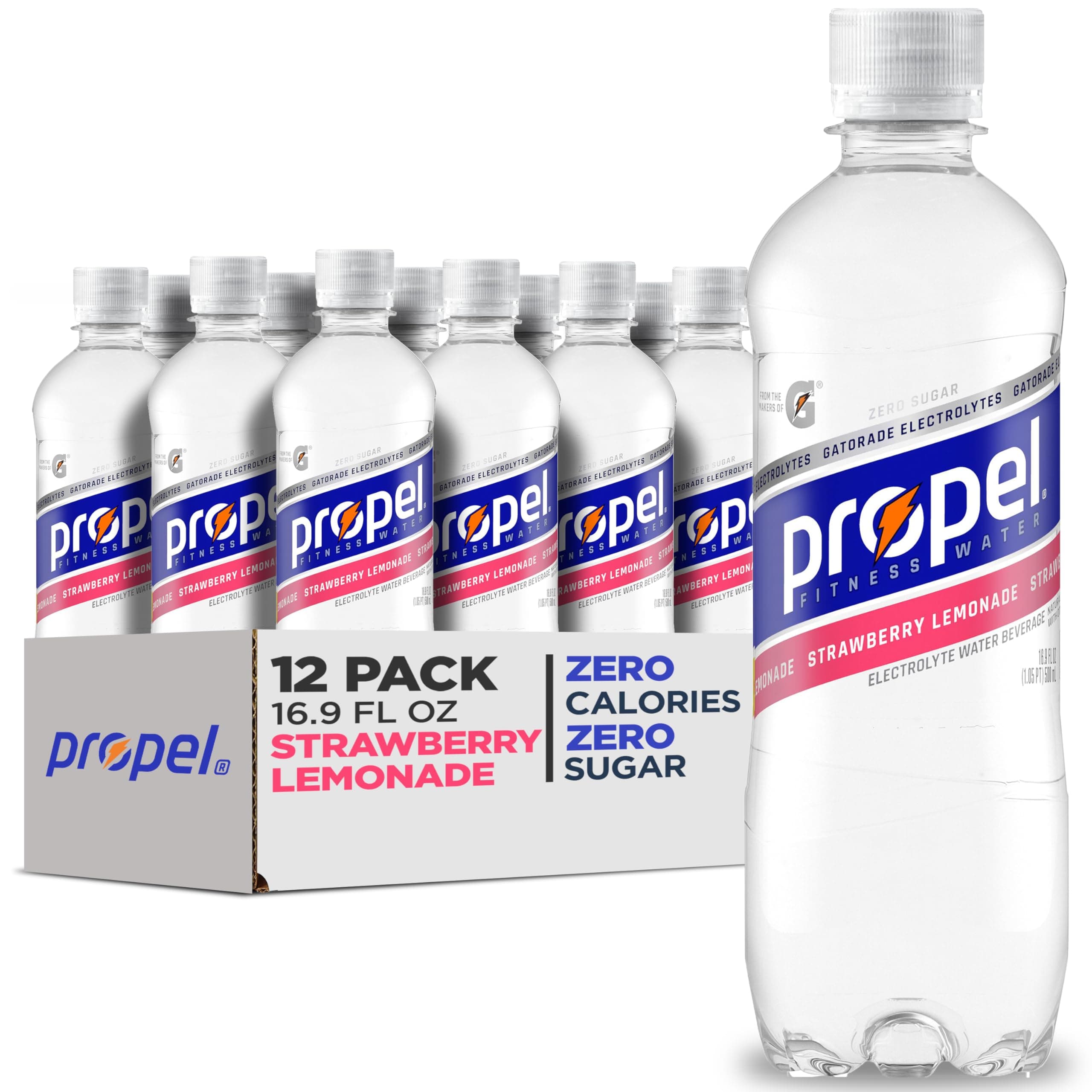 Propel Electrolyte Enhanced Water Sports Drink, Strawberry Lemonade Flavored Water, Zero Calorie & Zero Sugar Hydration with Electrolytes and Vitamins C & E, 16.9 fl oz Water Bottles (12 Pack)