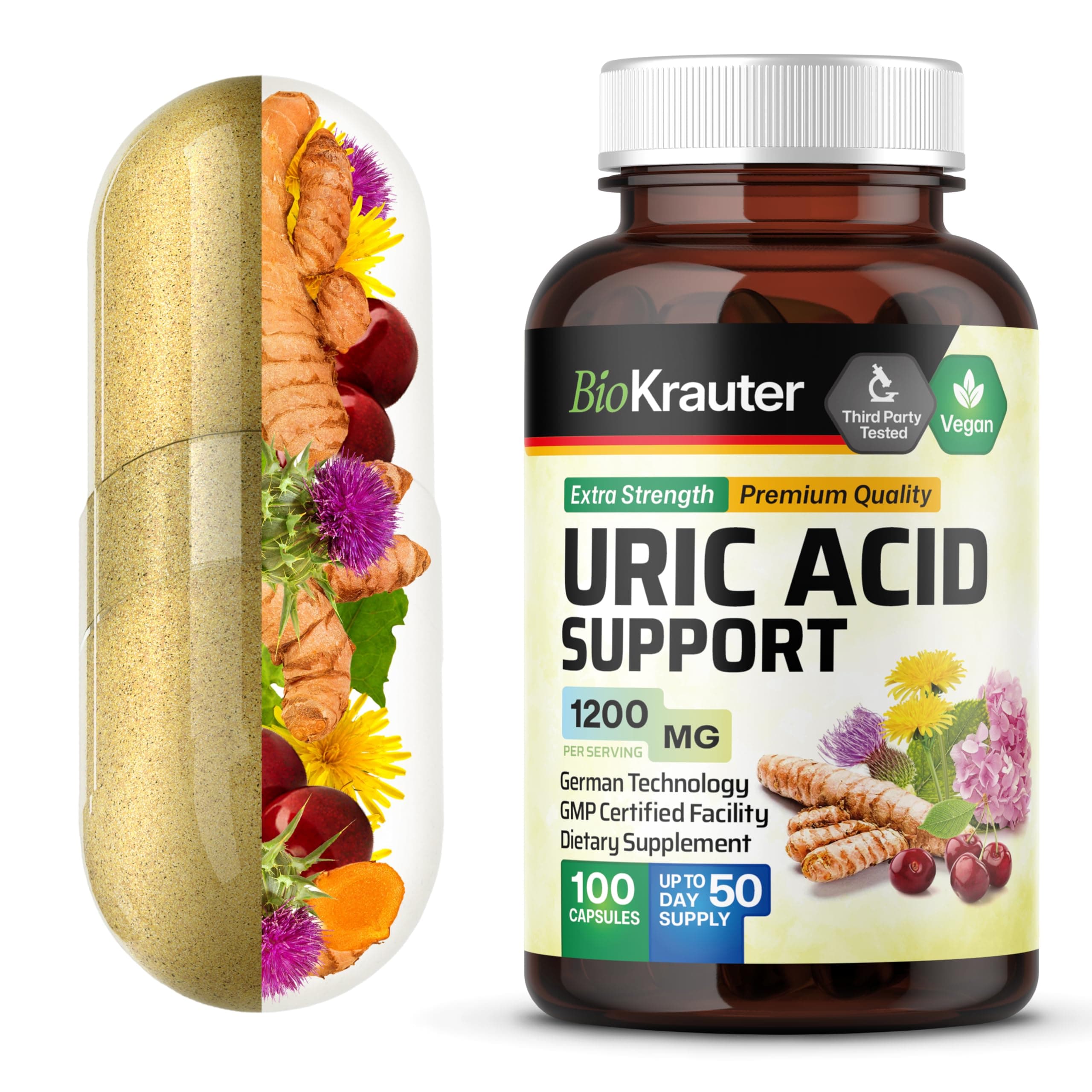 BIO KRAUTER® 7-in-1 Uric Acid Support Supplement with Tart Cherry, Dandelion Root, Cranberry & Celery Seed – Herbal Kidney Support with Milk Thistle & Turmeric 1200 mg, 100 Capsules, 50-Day Supply