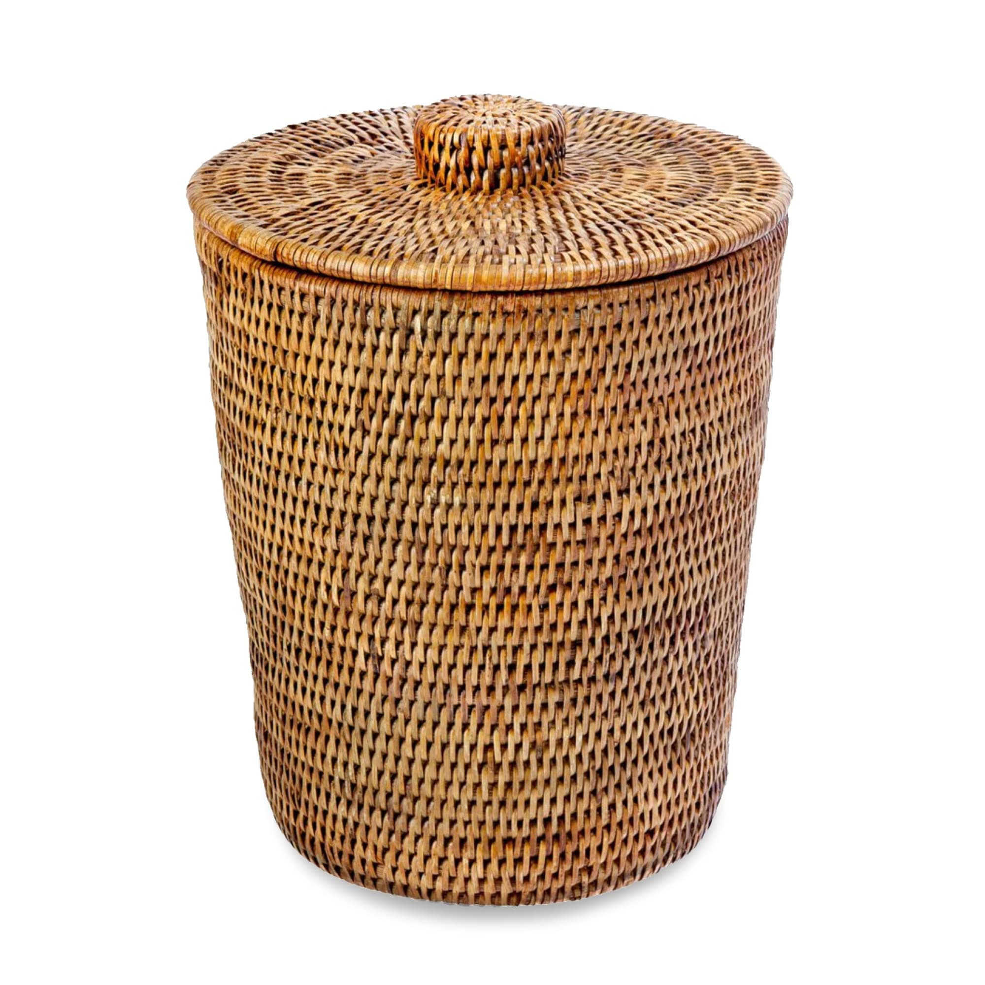 KOUBOO La Jolla Rattan Round Waste Basket With Lid & Plastic Insert, 2 Gallon Woven Wastebasket for Bathroom, Kitchen, Office, Living Room, & Home Decor, Honey Brown