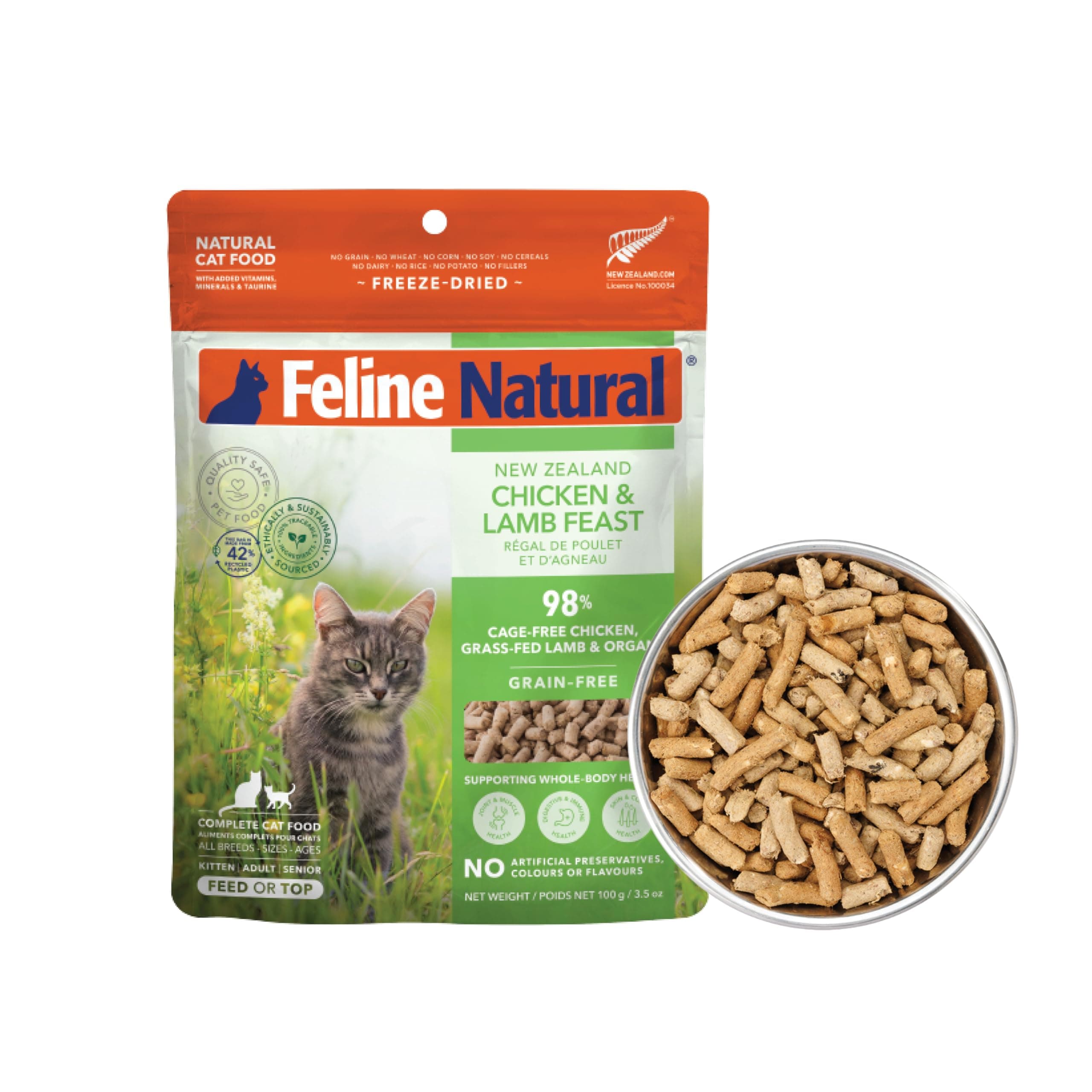 Feline Natural High Protein Dry Cat Food, Freeze-Dried Diet with 98% Meat, Organs & Seafood, No Peas, Grains, or Artificial Additives, Made in New Zealand, Chicken & Lamb, 3.5oz